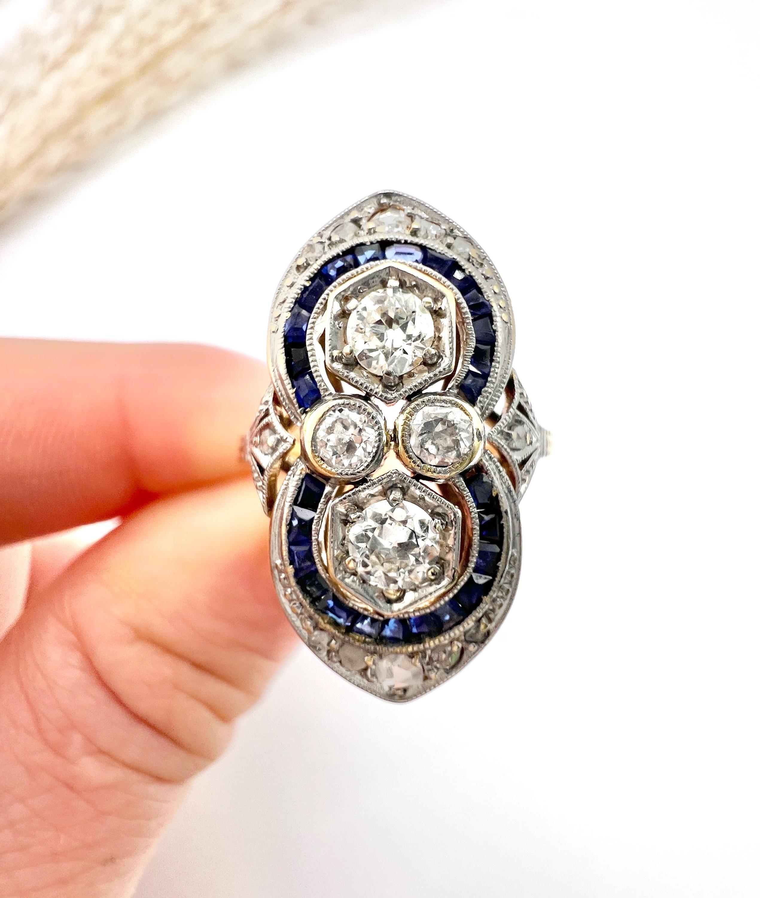Antique 18ct Gold & Platinum, 1920s Authentic Art Deco Sapphire and Diamond Ring For Sale 4