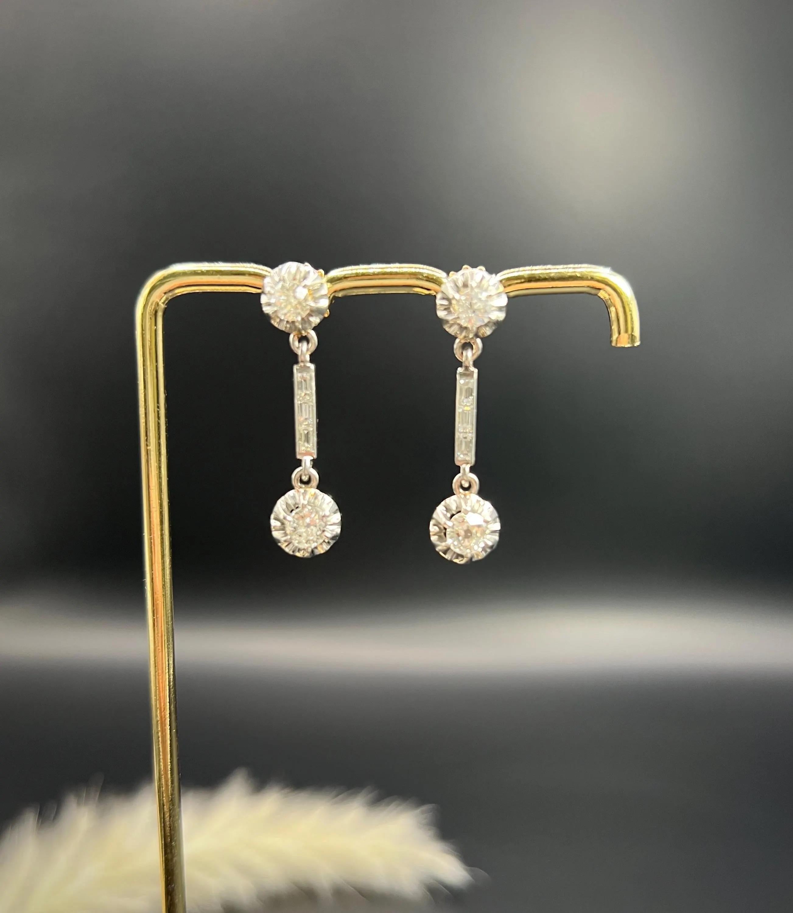 Old European Cut Antique 18ct Gold & Platinum, 1920s Diamond Dormeuse Setting Drop Dangle Earring For Sale