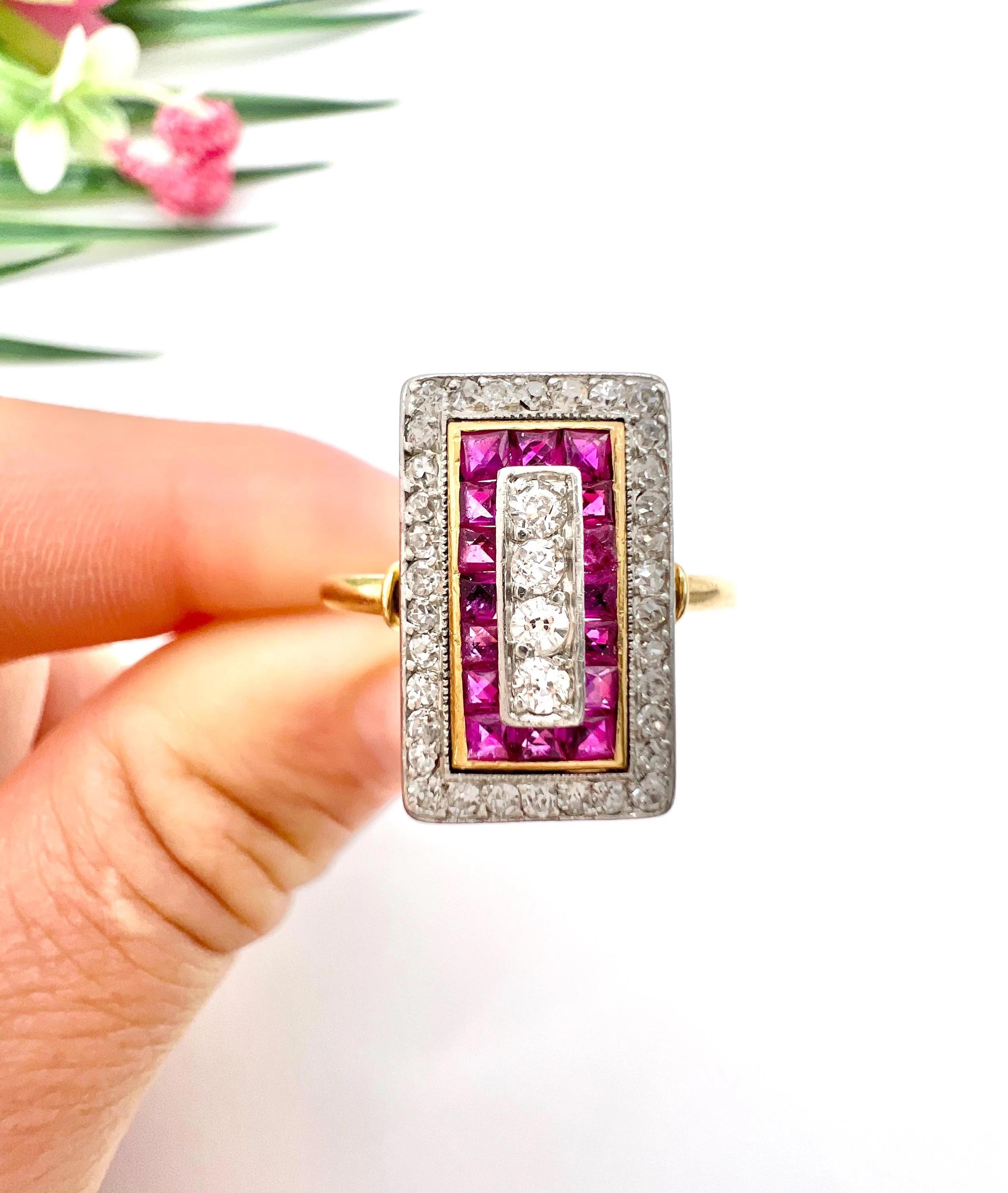 Antiker 18-karätiger Gold- und Platinring aus den 1920er Jahren, Original Art Deco Rubin- und Diamantring im Angebot 4