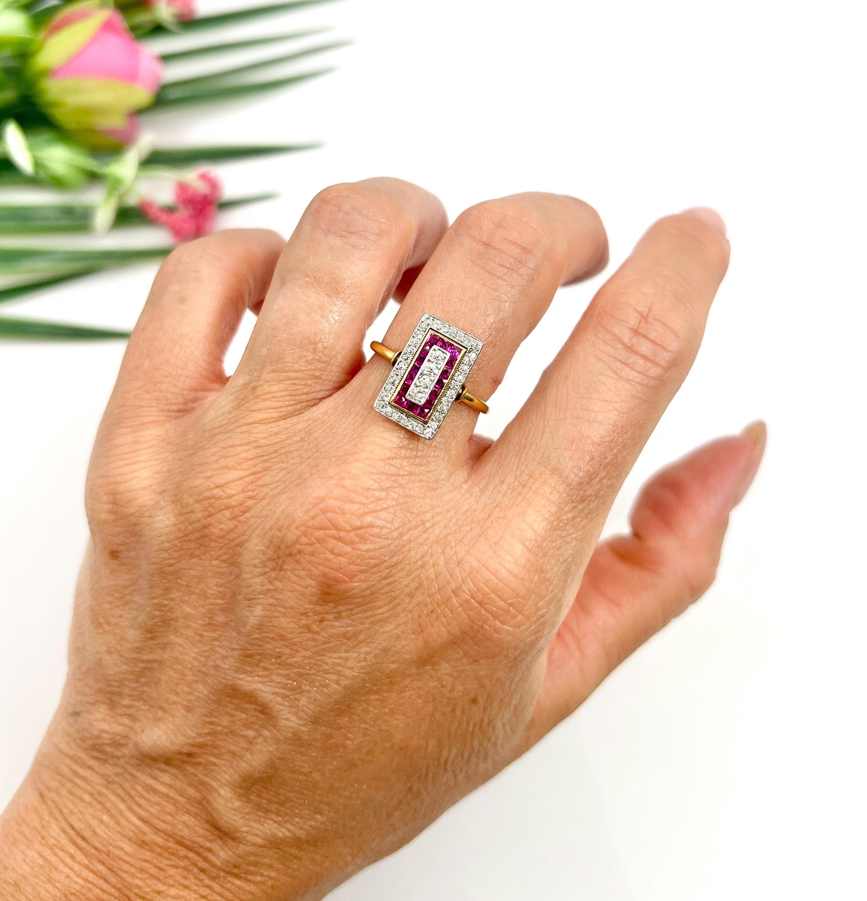 Antiker 18-karätiger Gold- und Platinring aus den 1920er Jahren, Original Art Deco Rubin- und Diamantring im Angebot 5