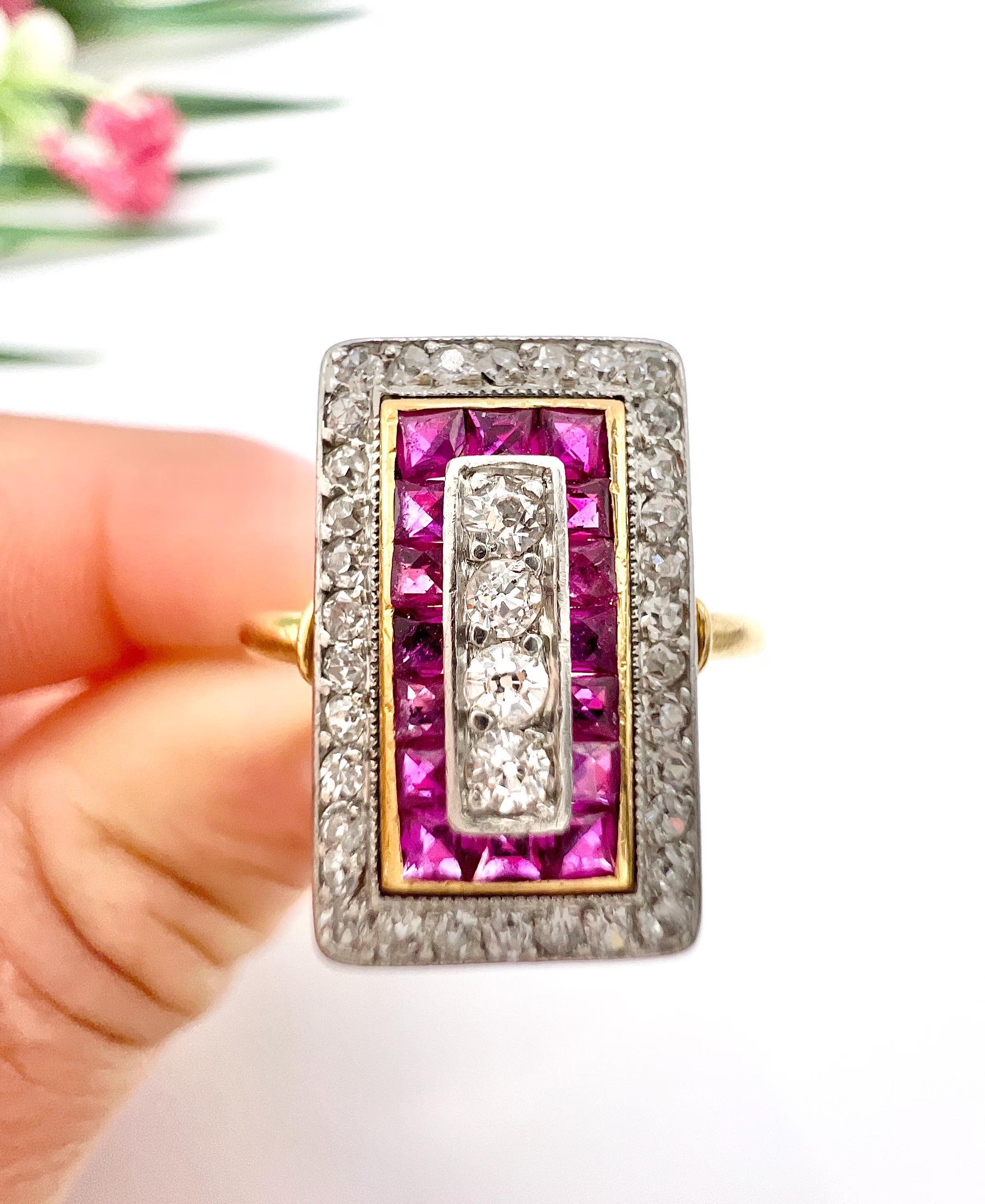Antiker 18-karätiger Gold- und Platinring aus den 1920er Jahren, Original Art Deco Rubin- und Diamantring im Angebot 1