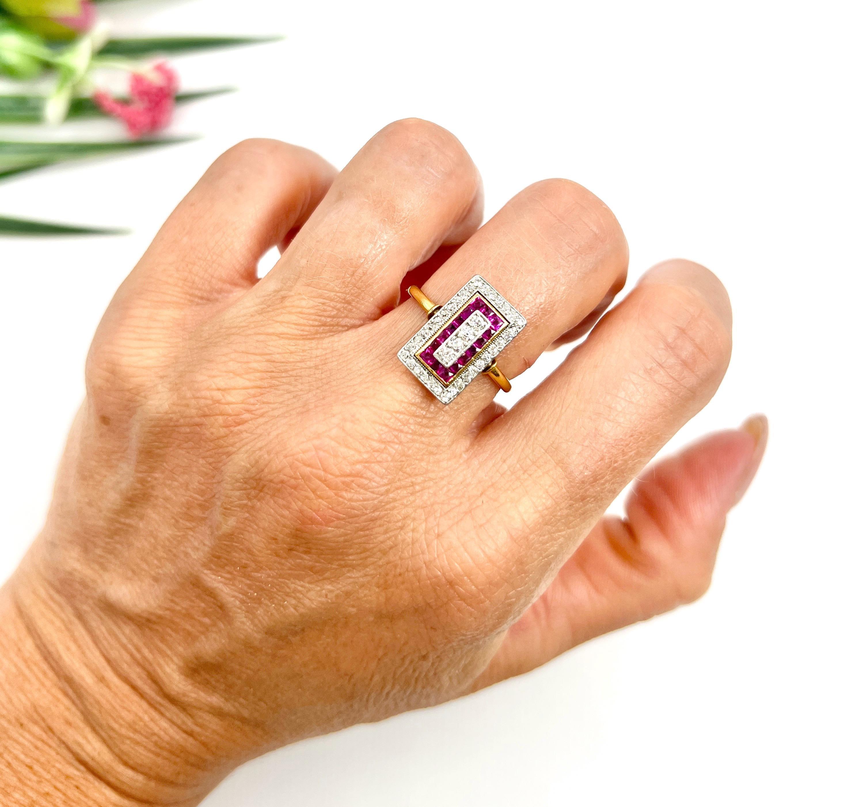 Antiker 18-karätiger Gold- und Platinring aus den 1920er Jahren, Original Art Deco Rubin- und Diamantring im Angebot 2
