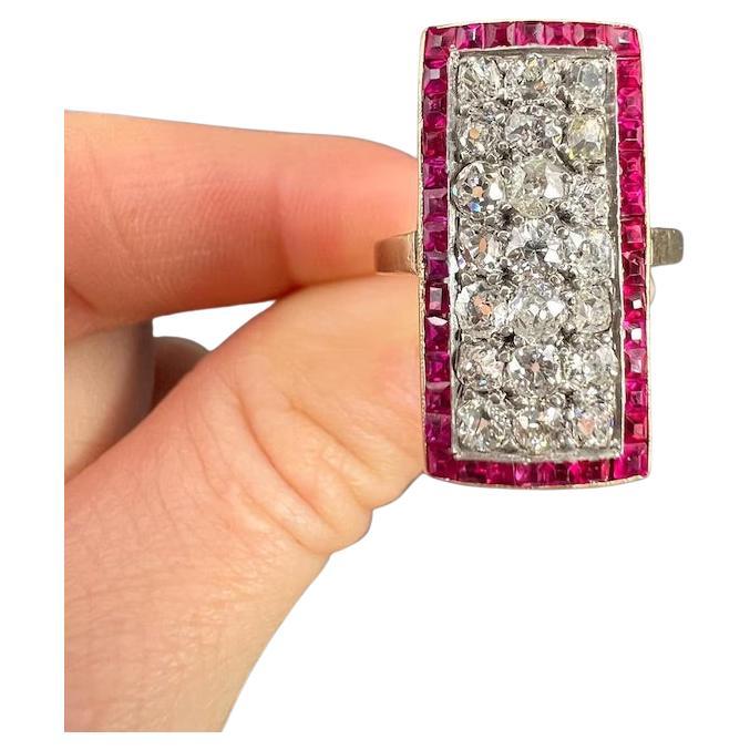 Antiker 18 Karat Gold & Platin 1920er Jahre Original Art Deco Rubin & Diamant Plakette Ring