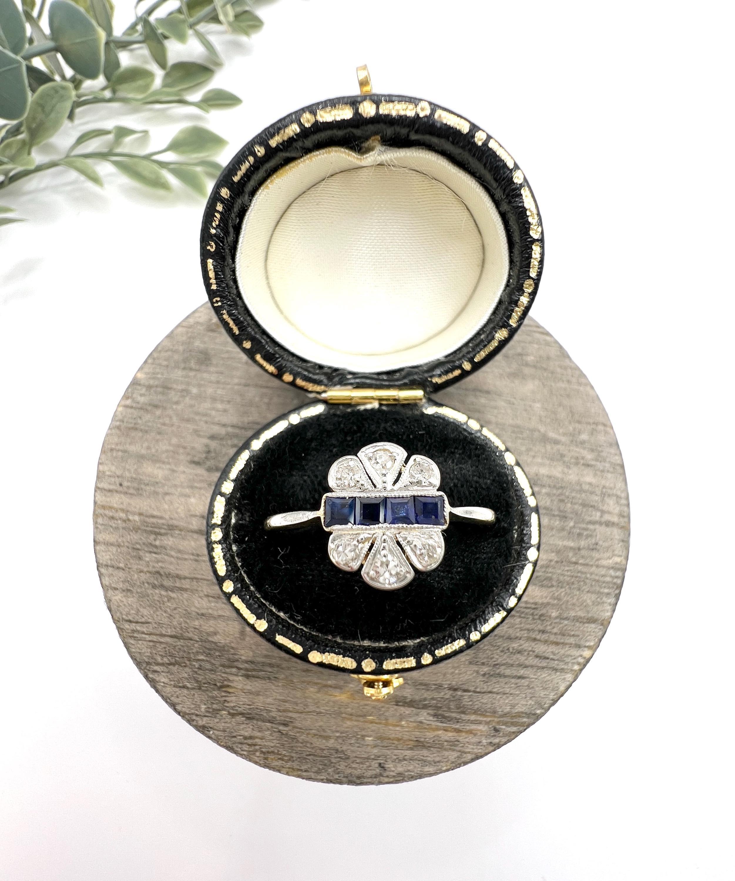 Antico anello in oro 18ct e platino, originale Art Deco degli anni '20 con zaffiro e diamante in vendita 5