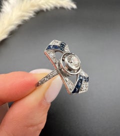 Antique 18ct Gold & Platinum, 1920s Original Art Deco Sapphire and Diamond Ring