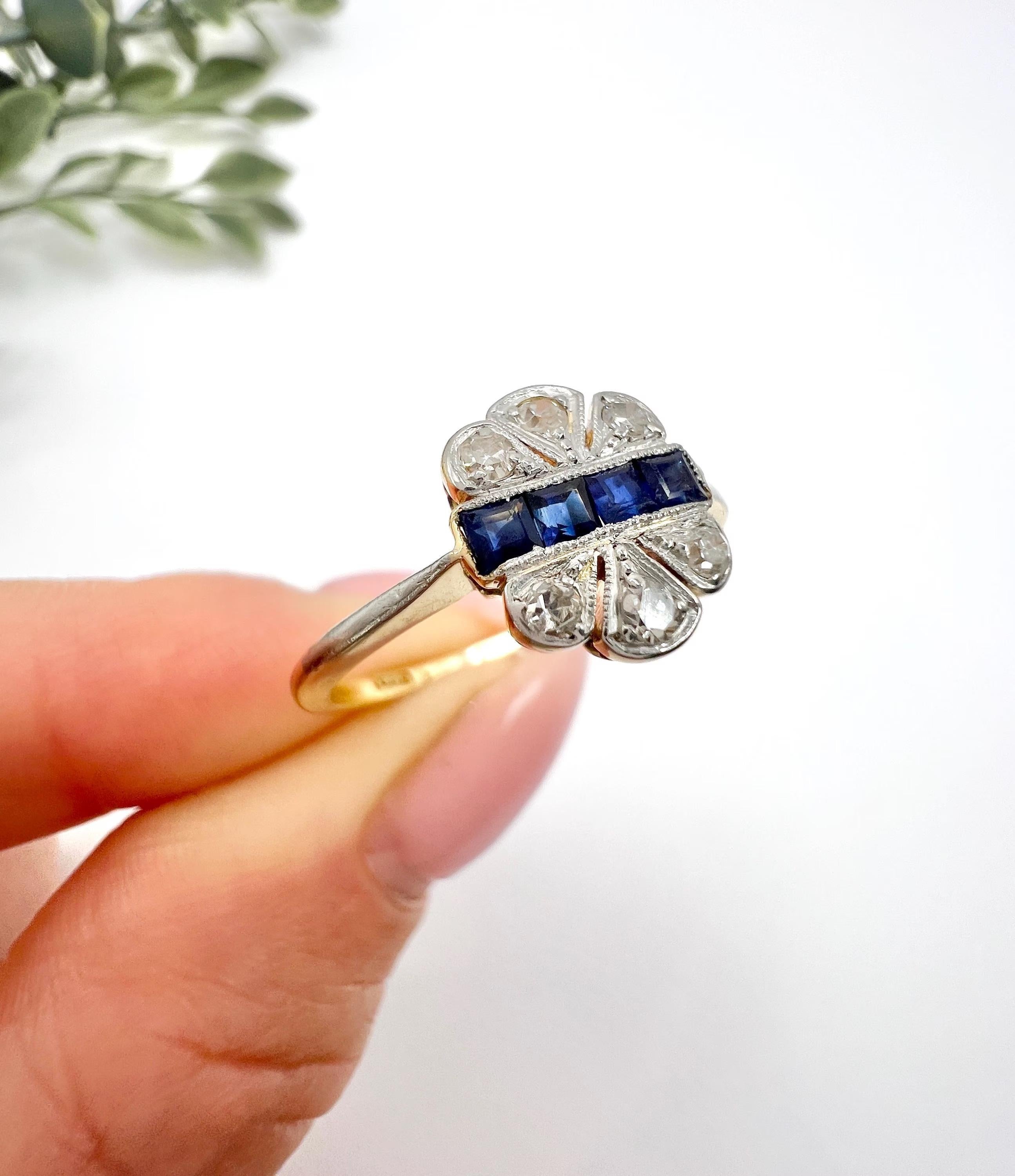 Antico anello in oro 18ct e platino, originale Art Deco degli anni '20 con zaffiro e diamante in vendita 2