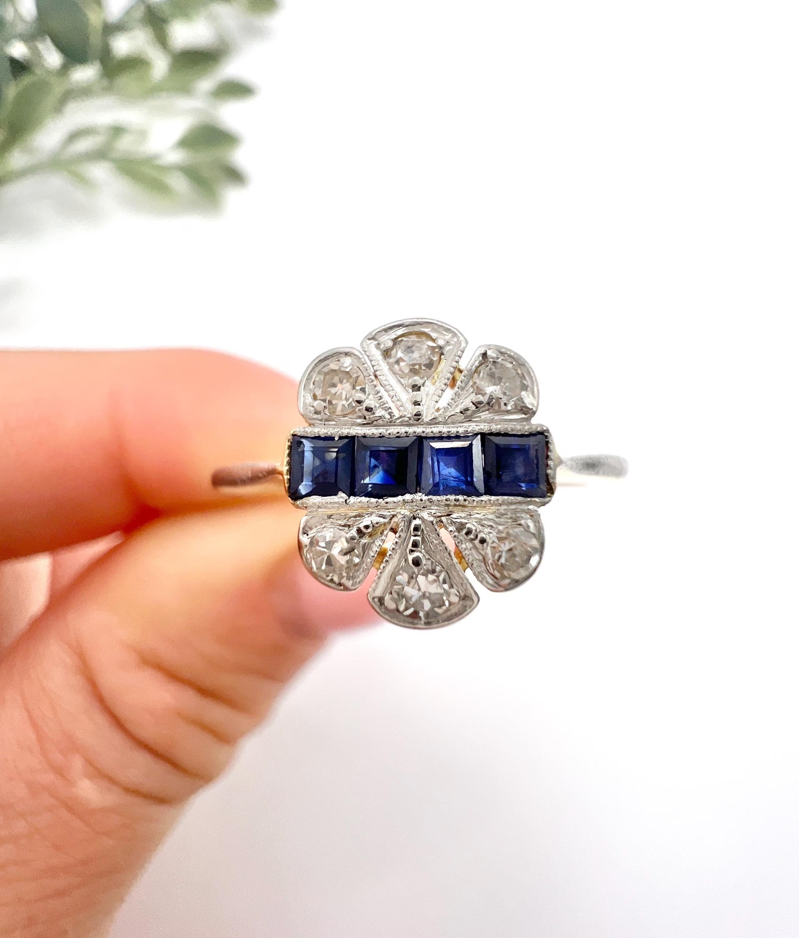 Antico anello in oro 18ct e platino, originale Art Deco degli anni '20 con zaffiro e diamante in vendita 3