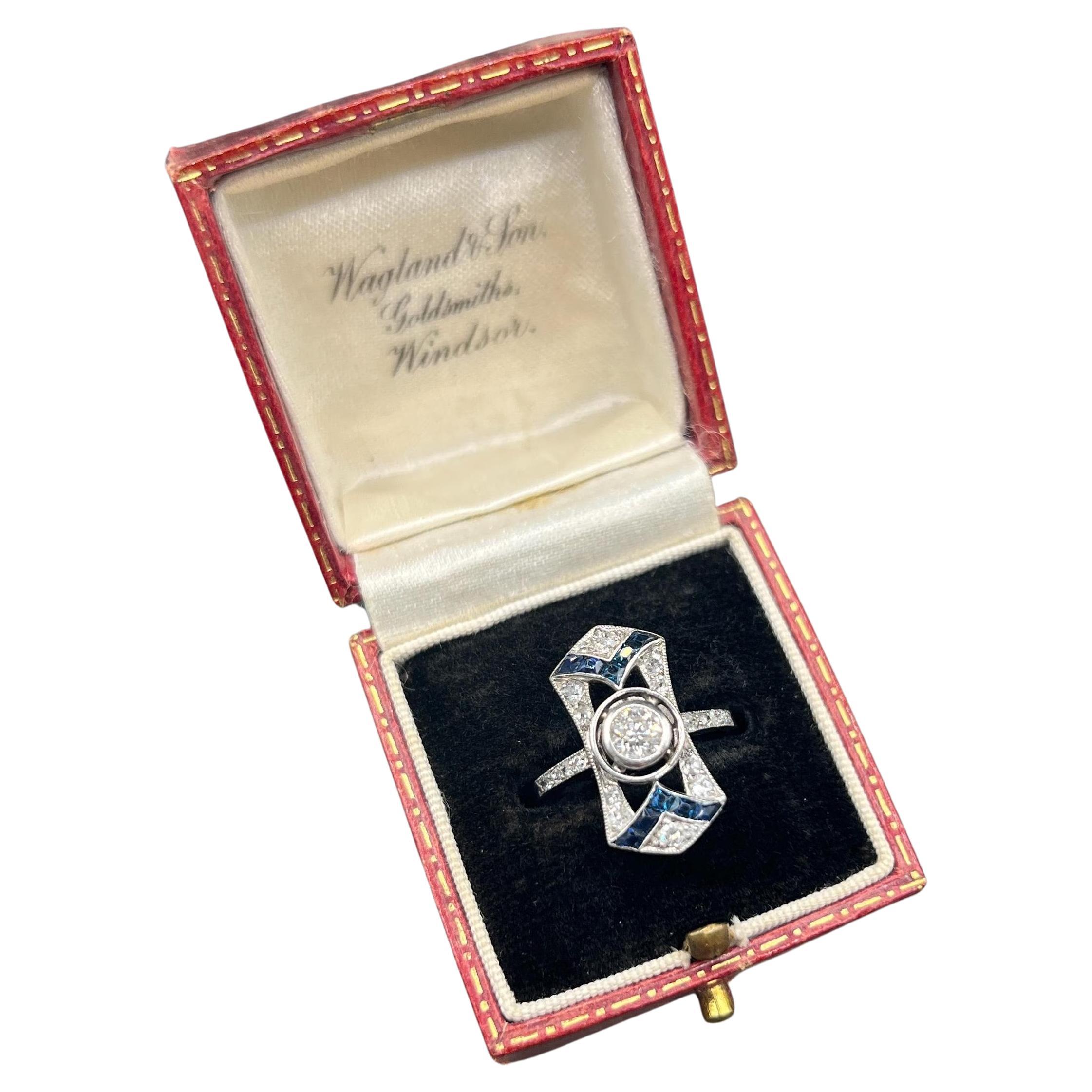 Antique 18ct Gold & Platinum, 1920s Original Art Deco Sapphire and Diamond Ring