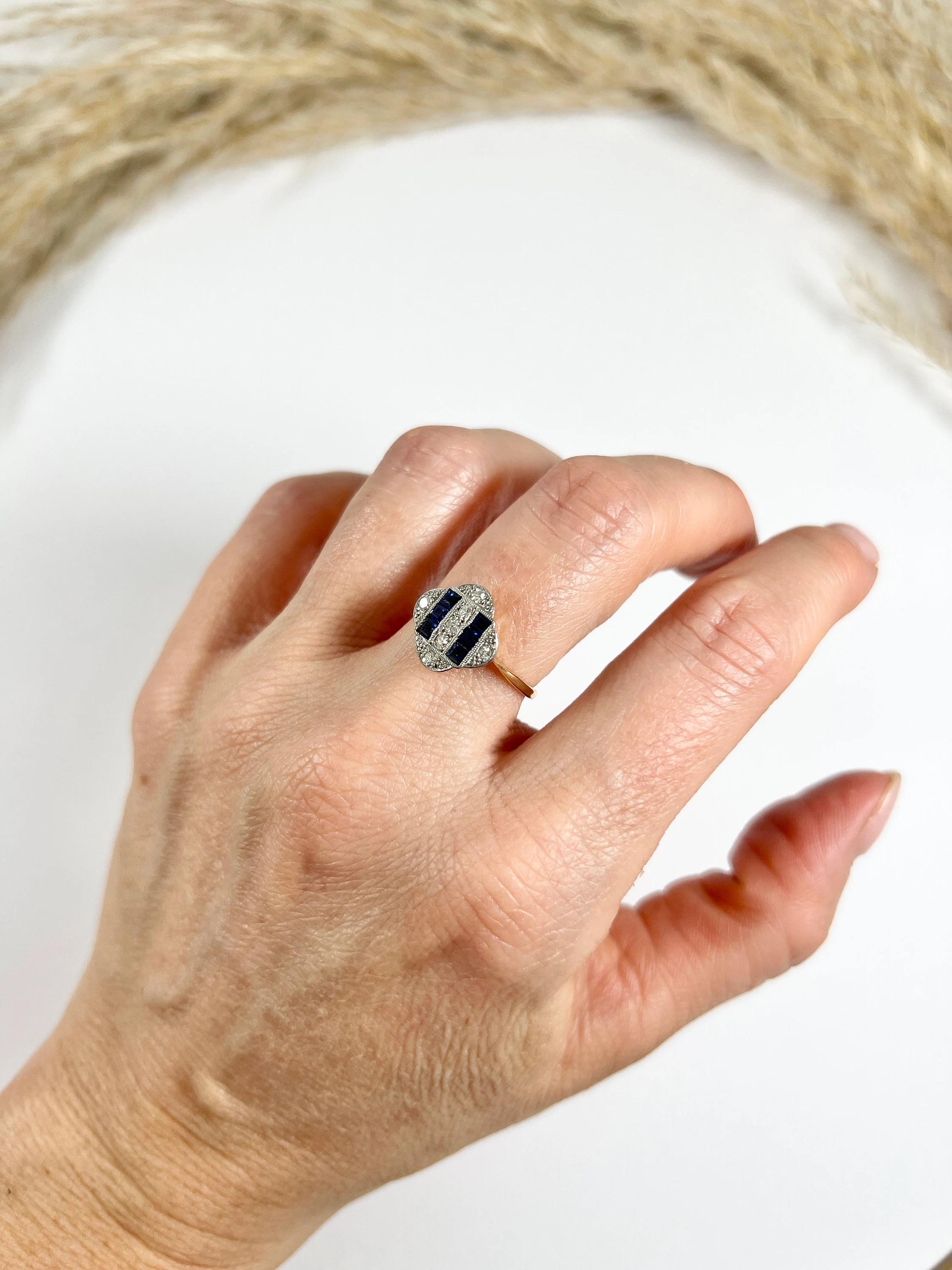 Antique 18ct Gold & Platinum 1920s Original Art Deco Sapphire Diamond Ring For Sale 5