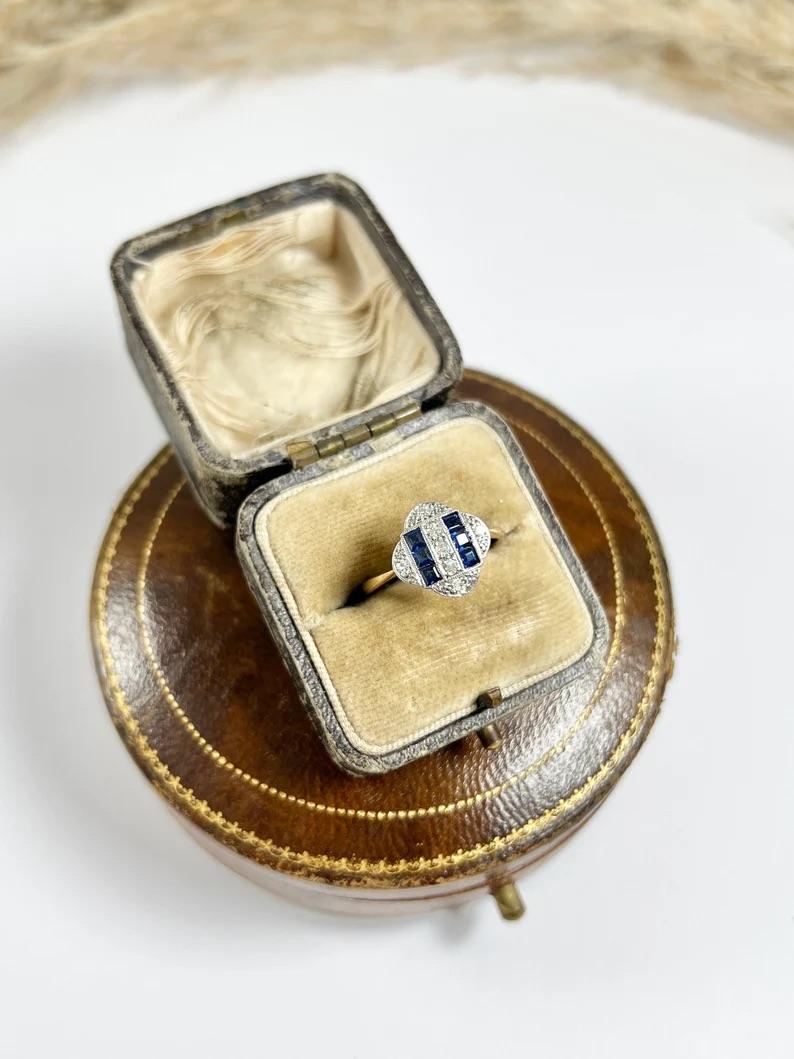 Antique 18ct Gold & Platinum 1920s Original Art Deco Sapphire Diamond Ring For Sale 6