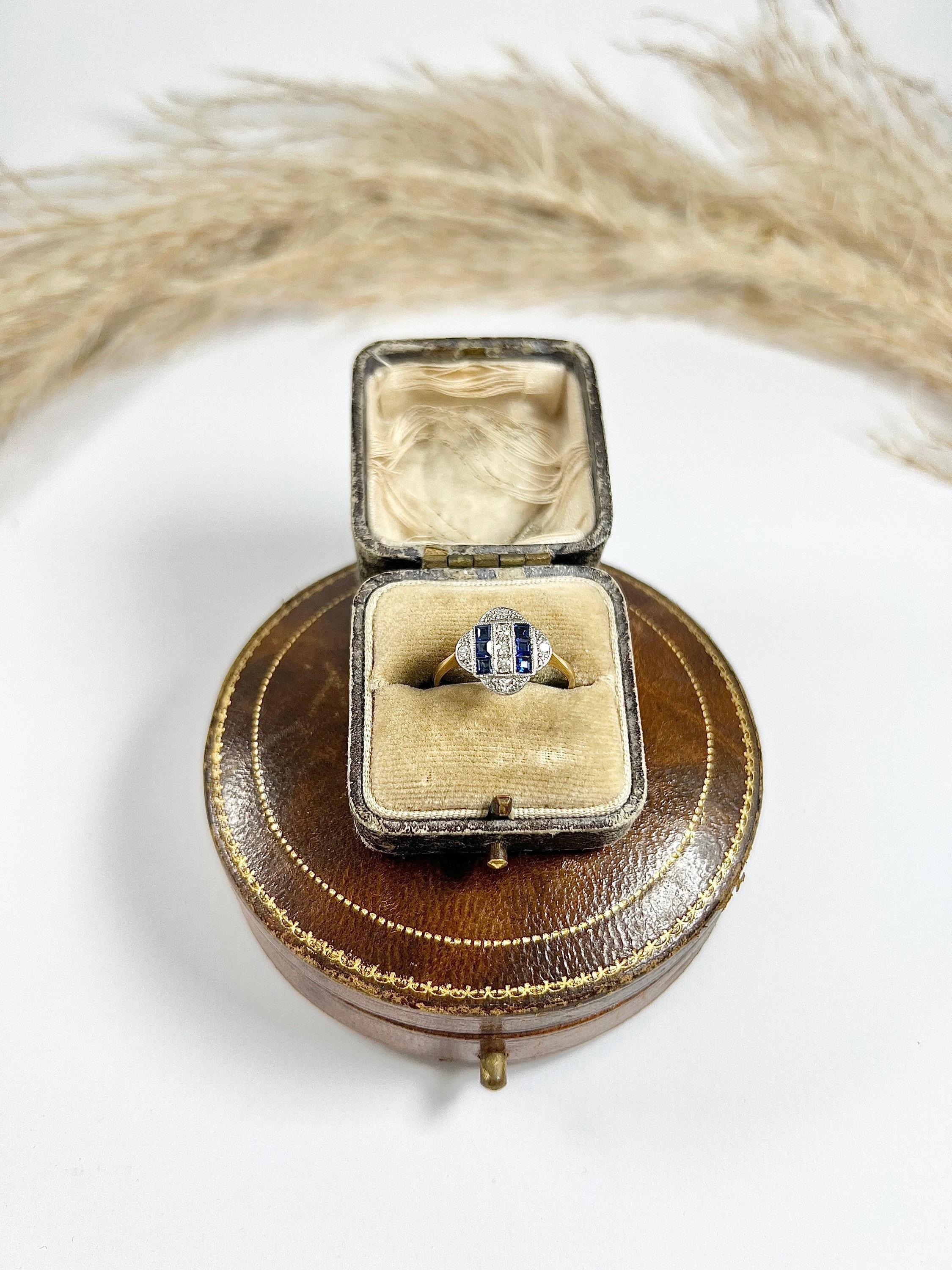 Old European Cut Antique 18ct Gold & Platinum 1920s Original Art Deco Sapphire Diamond Ring For Sale