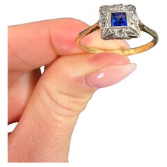 Antique 18ct Gold & Platinum, 1920s Sapphire and Diamond Square Ring