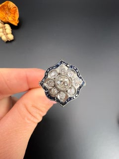 Antique 18ct Gold & Platinum, 1940s Flower Design Sapphire Diamond Ring