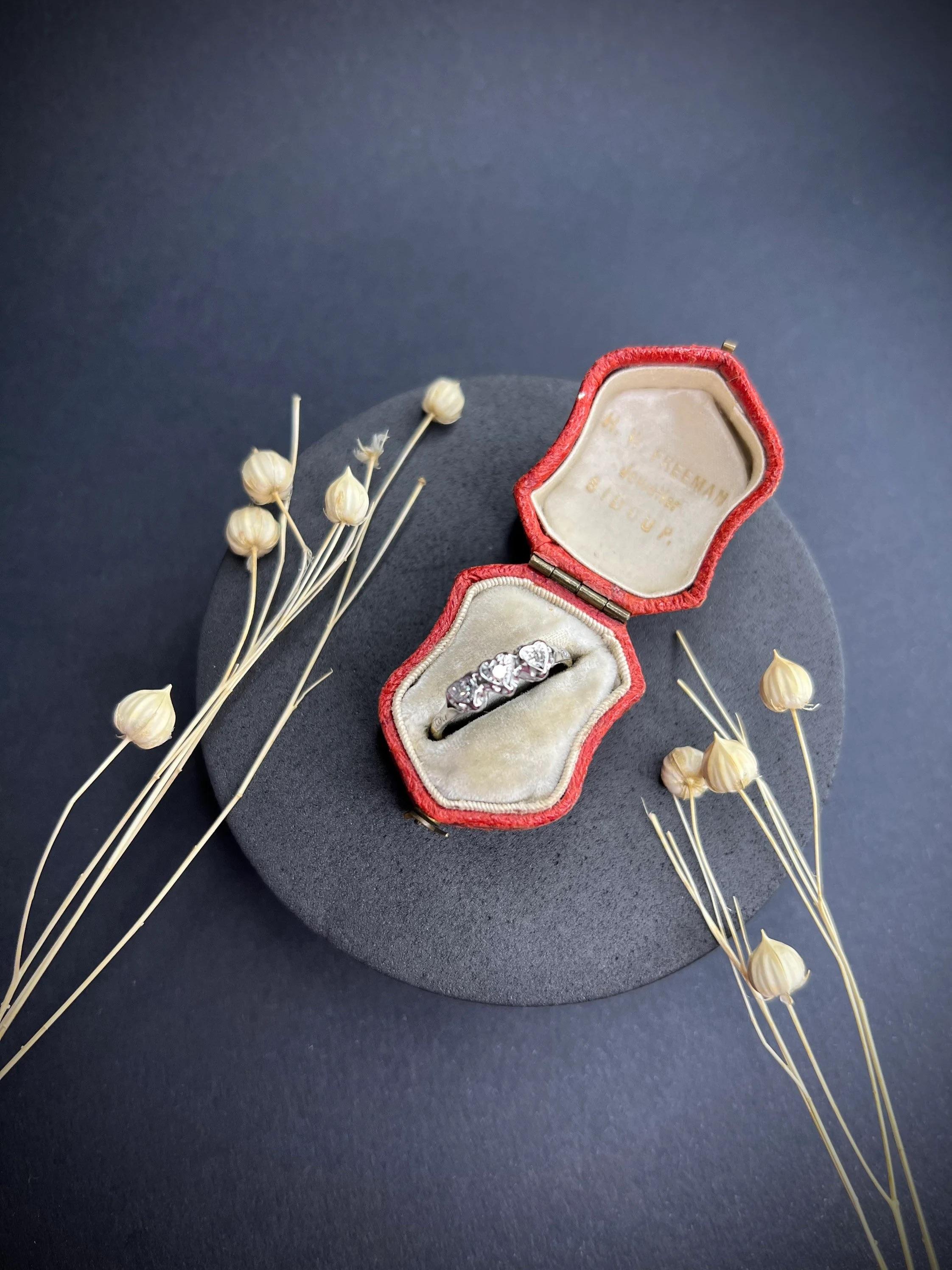 Antique 18ct Gold & Platinum 3 Stone Diamond Heart Illusion Engagement Ring For Sale 6