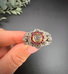 Antique 18ct Gold & Platinum, Art Deco Calibrated Ruby and Diamond Daisy Ring