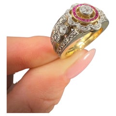 Antique 18ct Gold & Platinum, Art Deco Calibrated Ruby and Diamond Daisy Ring