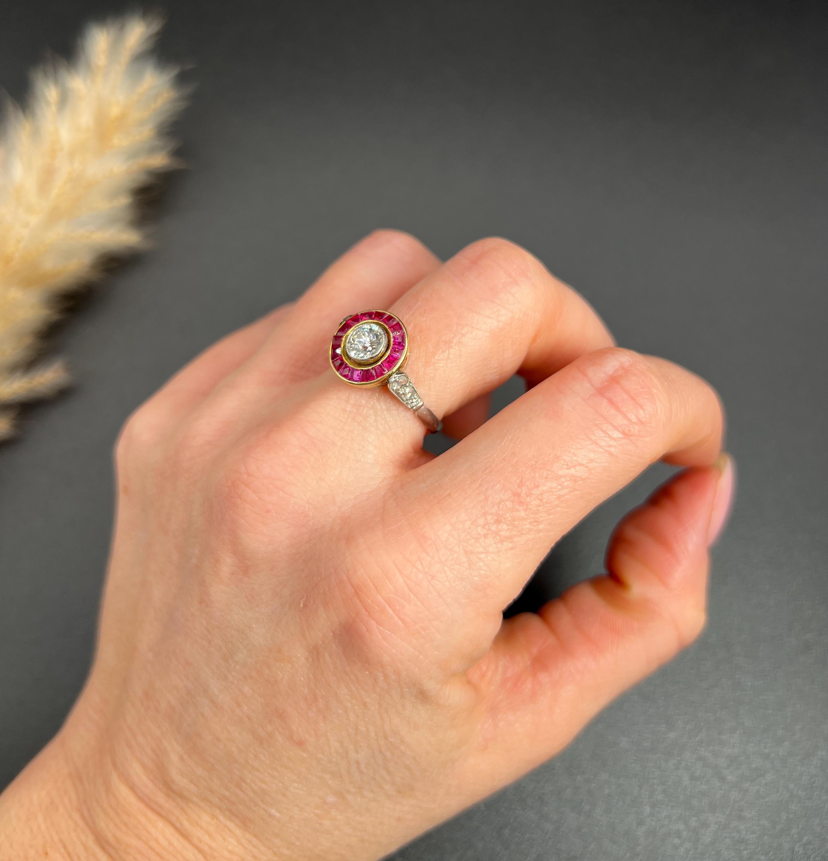 Brilliant Cut Antique 18ct Gold & Platinum, Art Deco Calibrated Ruby and Diamond Target Ring For Sale
