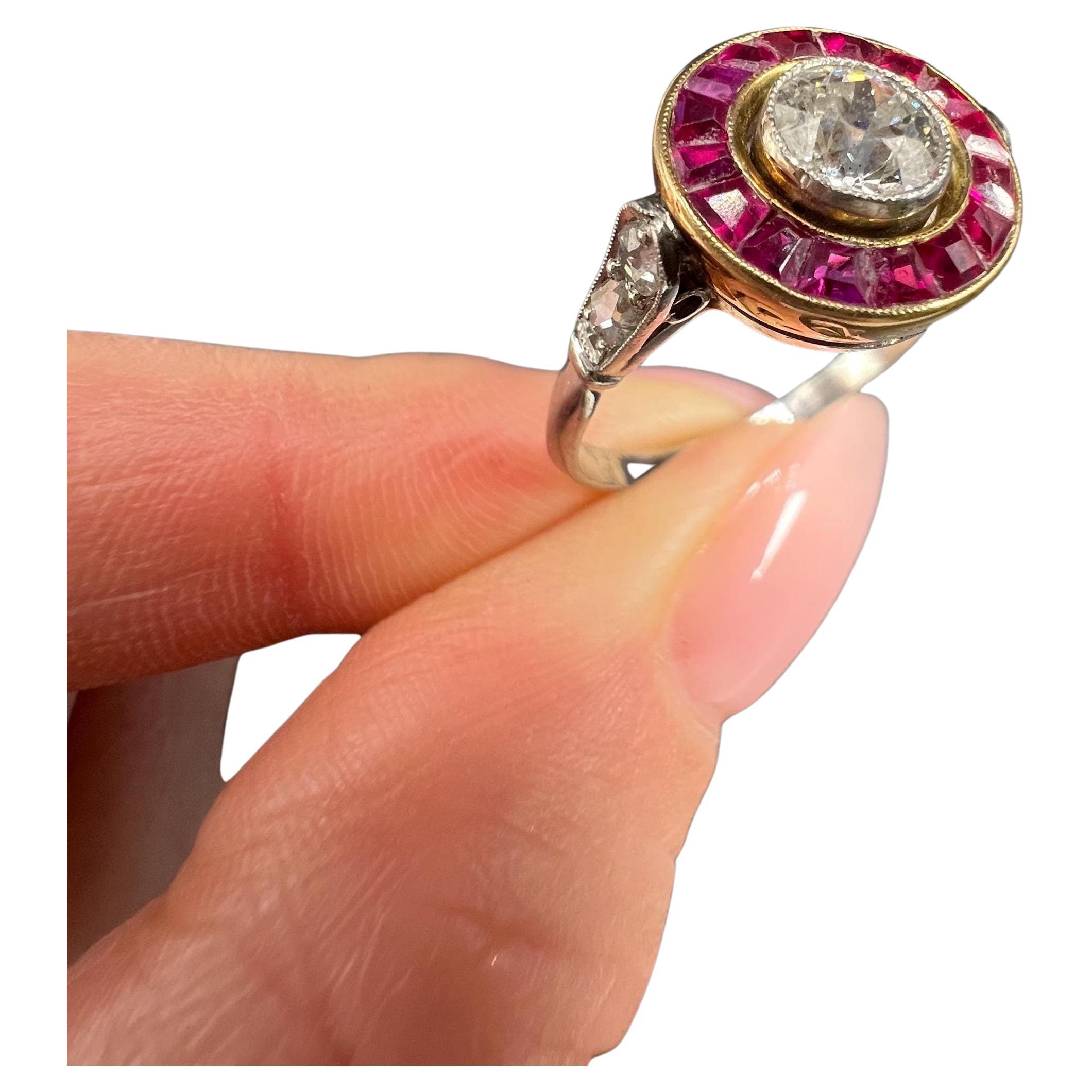 Antique 18ct Gold & Platinum, Art Deco Calibrated Ruby and Diamond Target Ring