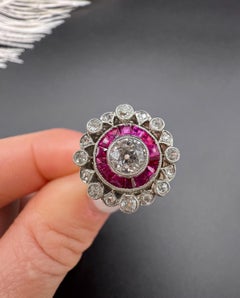 Antique 18ct Gold & Platinum, Art Deco Ruby and Diamond Fancy Target Ring