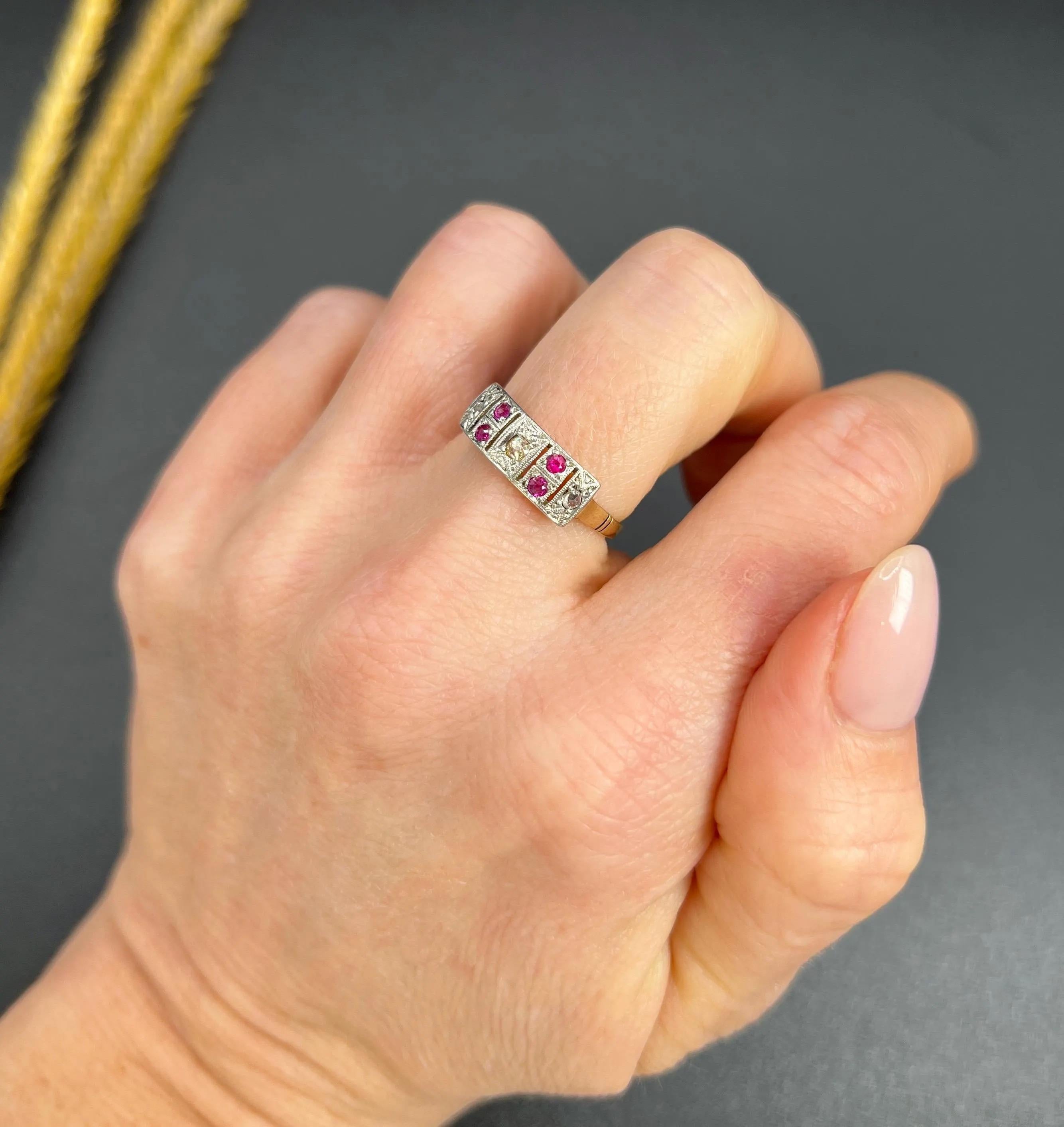 Antique 18ct Gold & Platinum, Art Deco Ruby and Diamond Plaque Ring For Sale 4