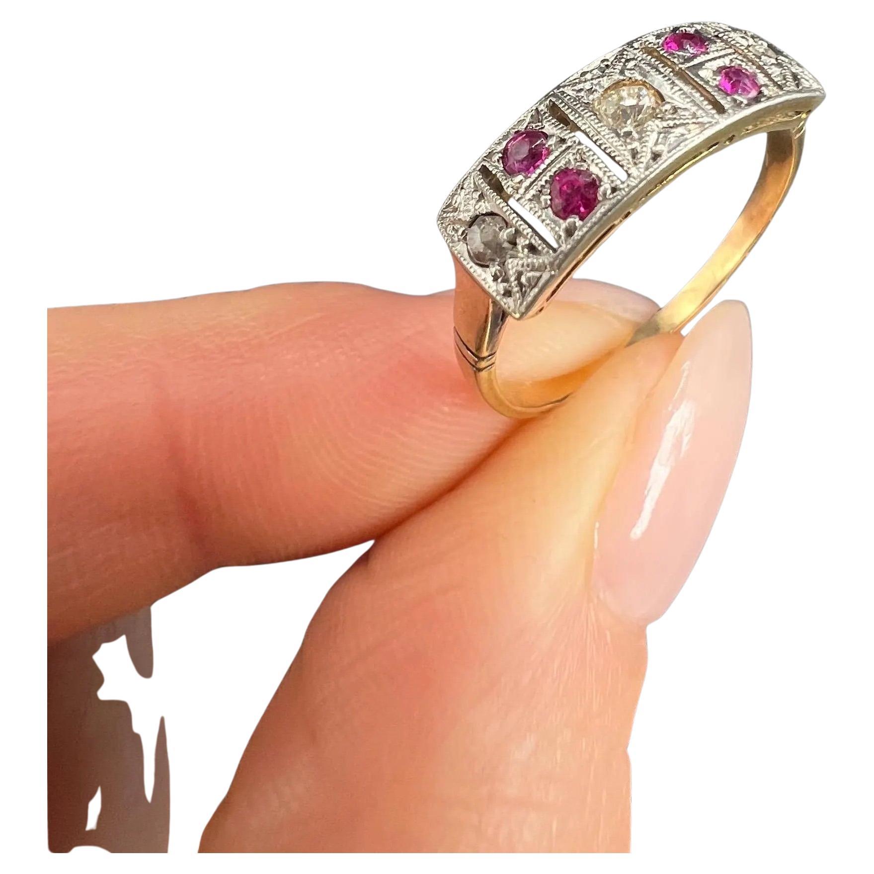 Antique 18ct Gold & Platinum, Art Deco Ruby and Diamond Plaque Ring