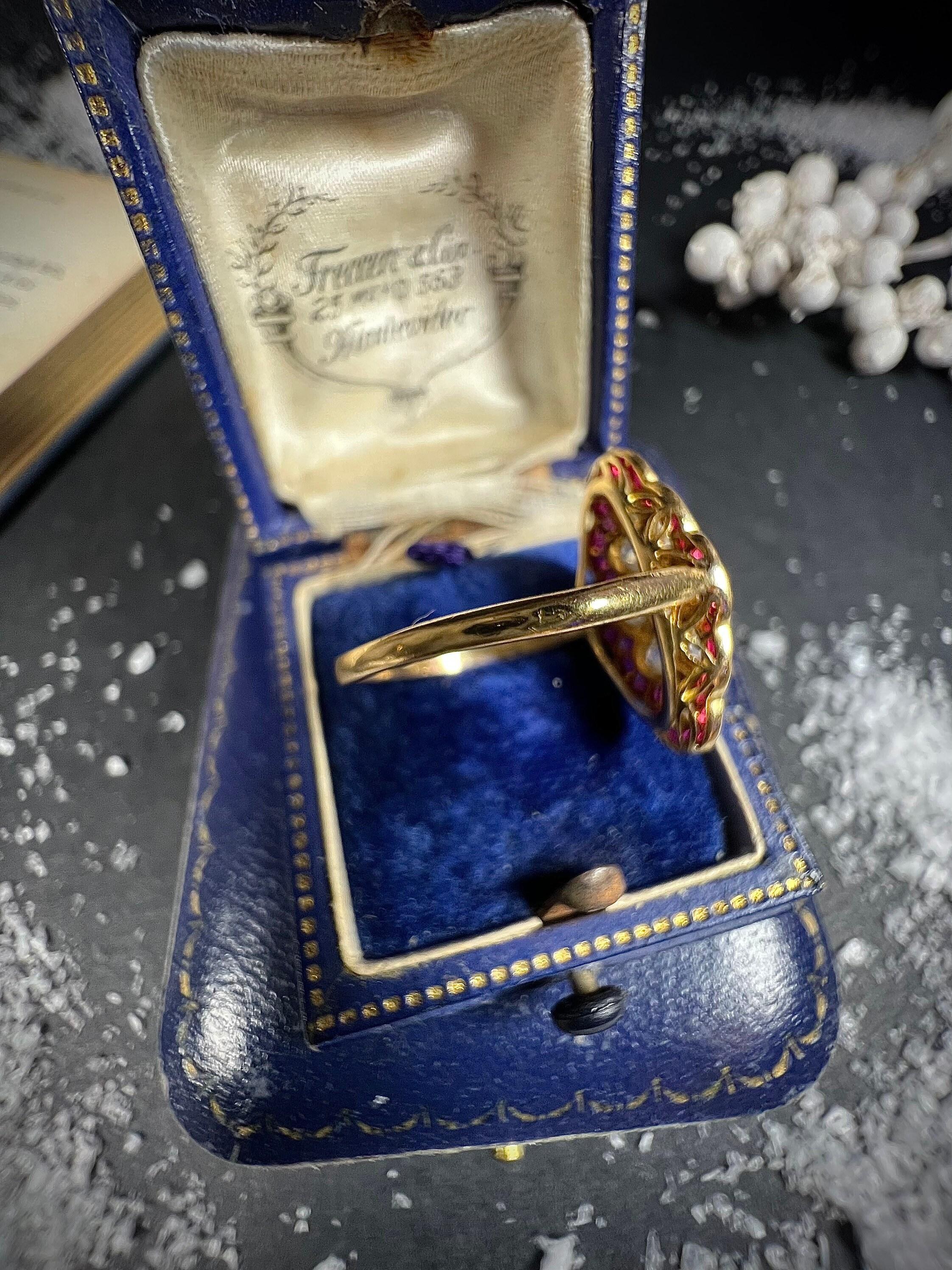 Antique 18ct Gold & Platinum Art Deco Ruby Diamond Marquise Ring For Sale 5