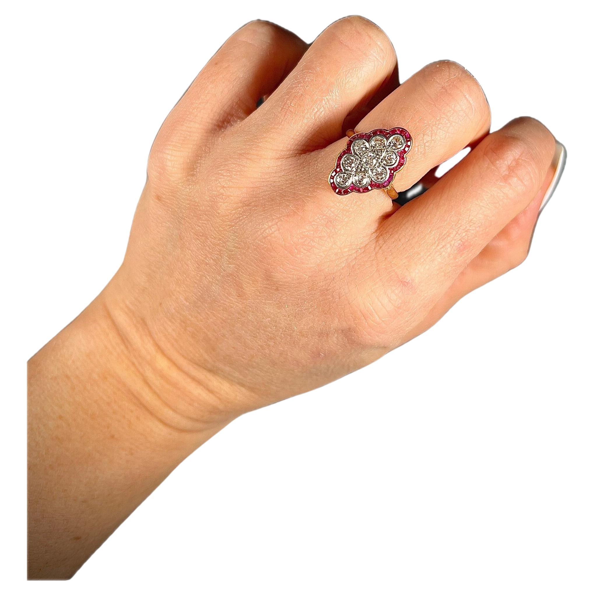 Antique 18ct Gold & Platinum Art Deco Ruby Diamond Marquise Ring For Sale