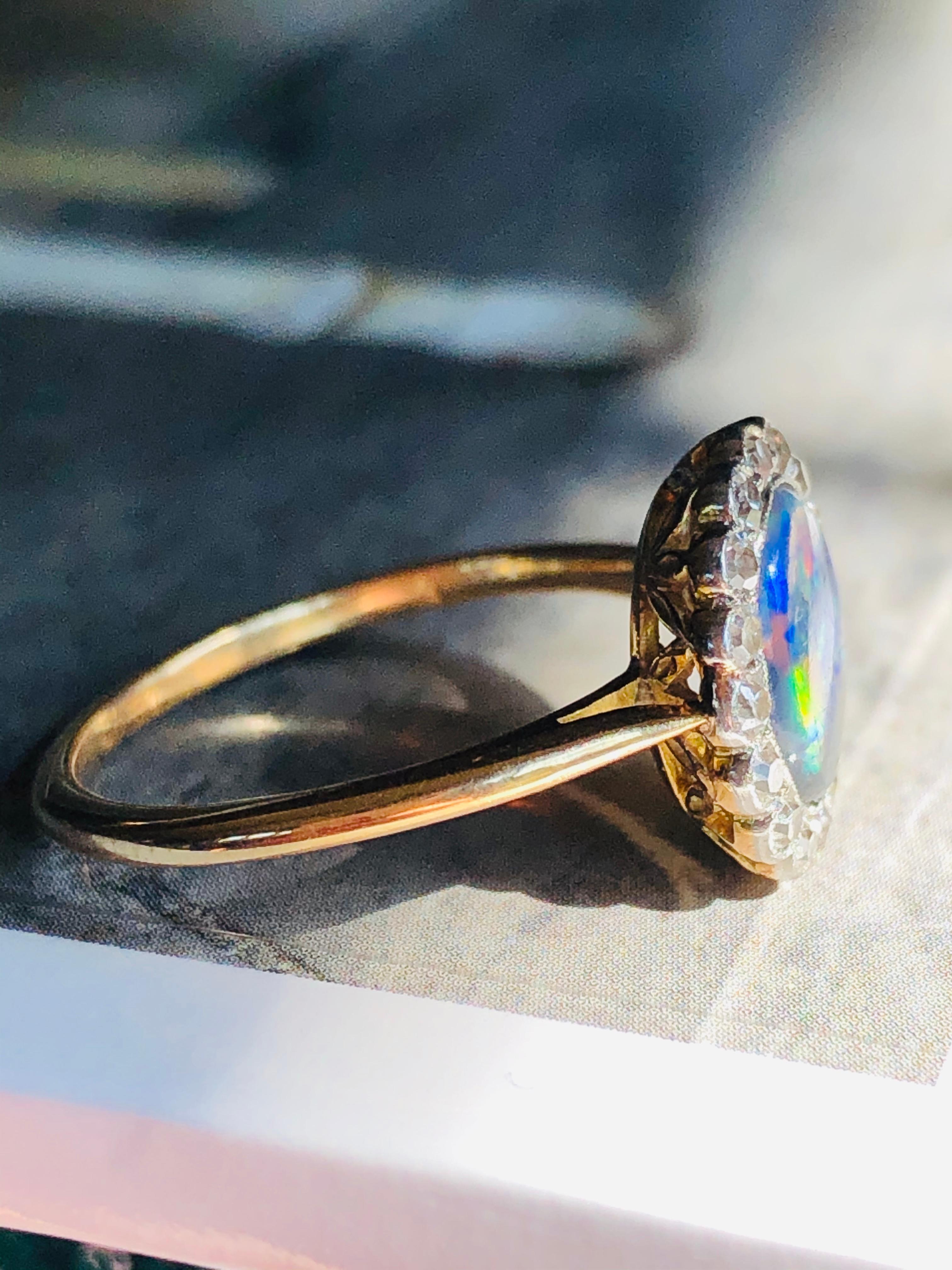 Antique, 18 Carat Gold, Platinum, Black Opal and Diamond Cluster Ring In Good Condition In Rochford, Essex