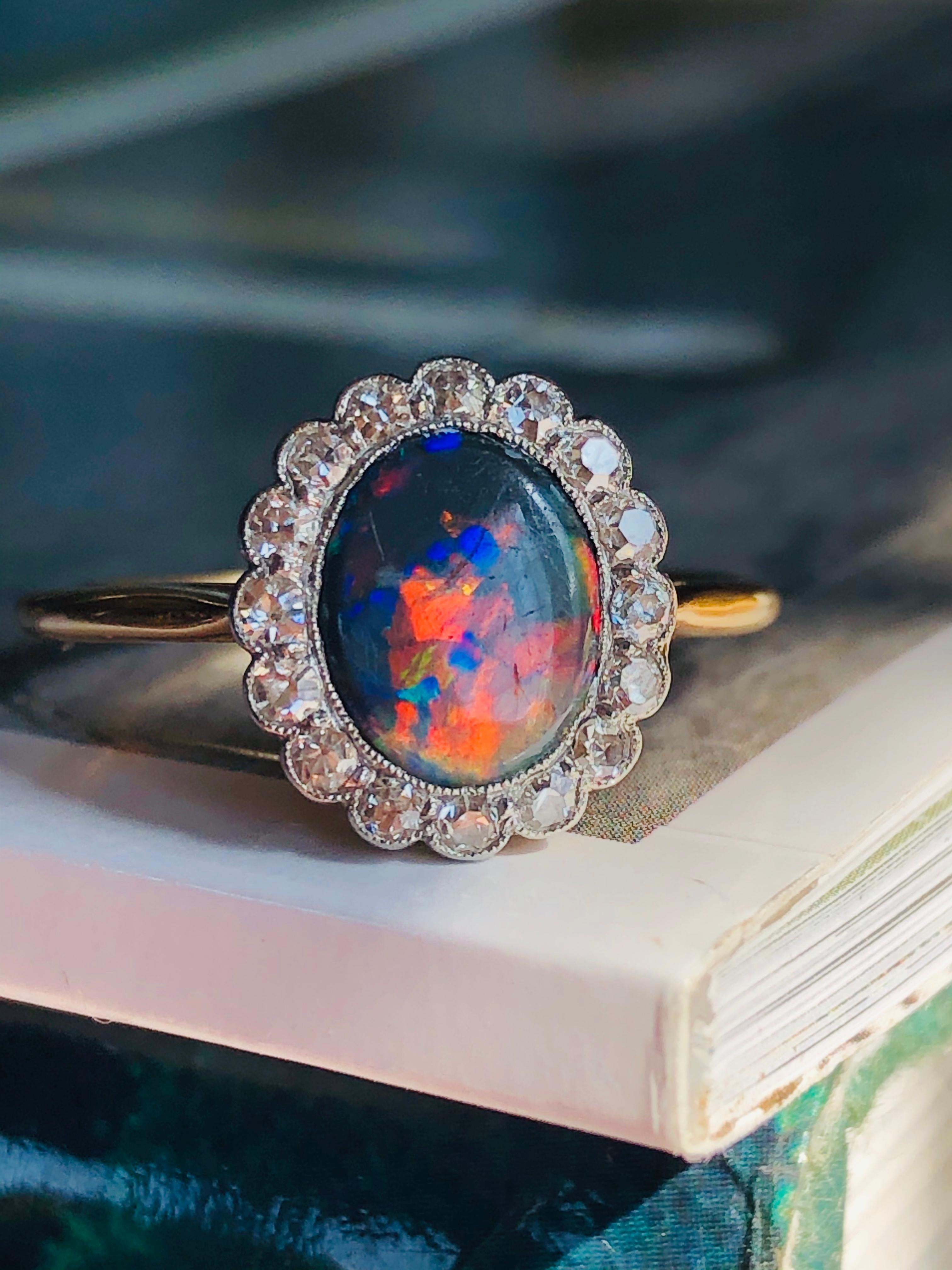 Women's Antique, 18 Carat Gold, Platinum, Black Opal and Diamond Cluster Ring
