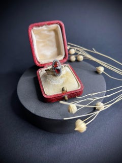 Antique 18ct Gold & Platinum Cabochon Garnet Diamond Ring