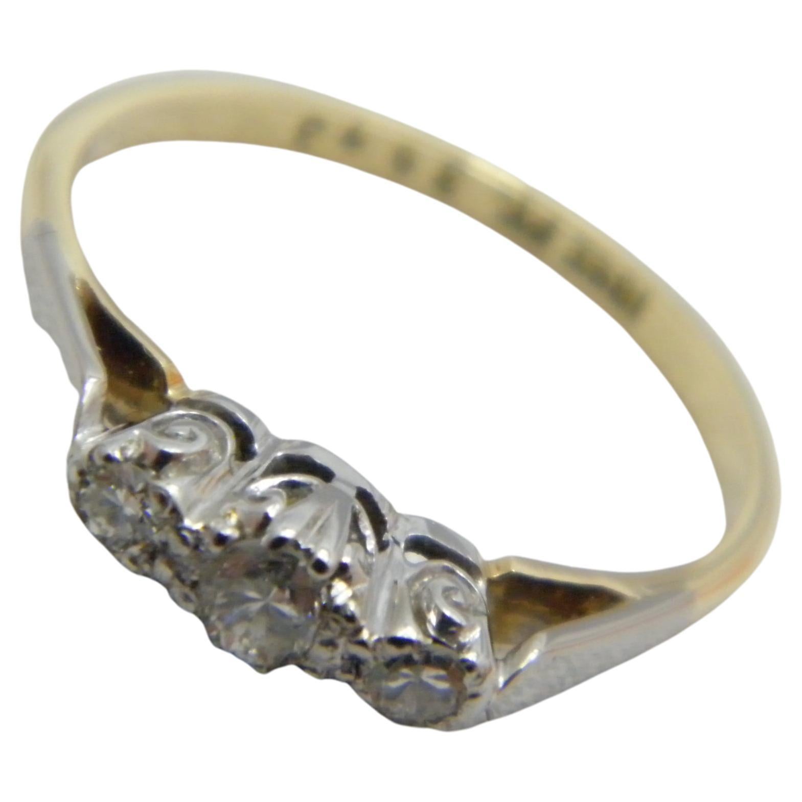 Antique 18ct Gold Platinum Diamond Trilogy Engagement Ring Size L 6 750 950 For Sale