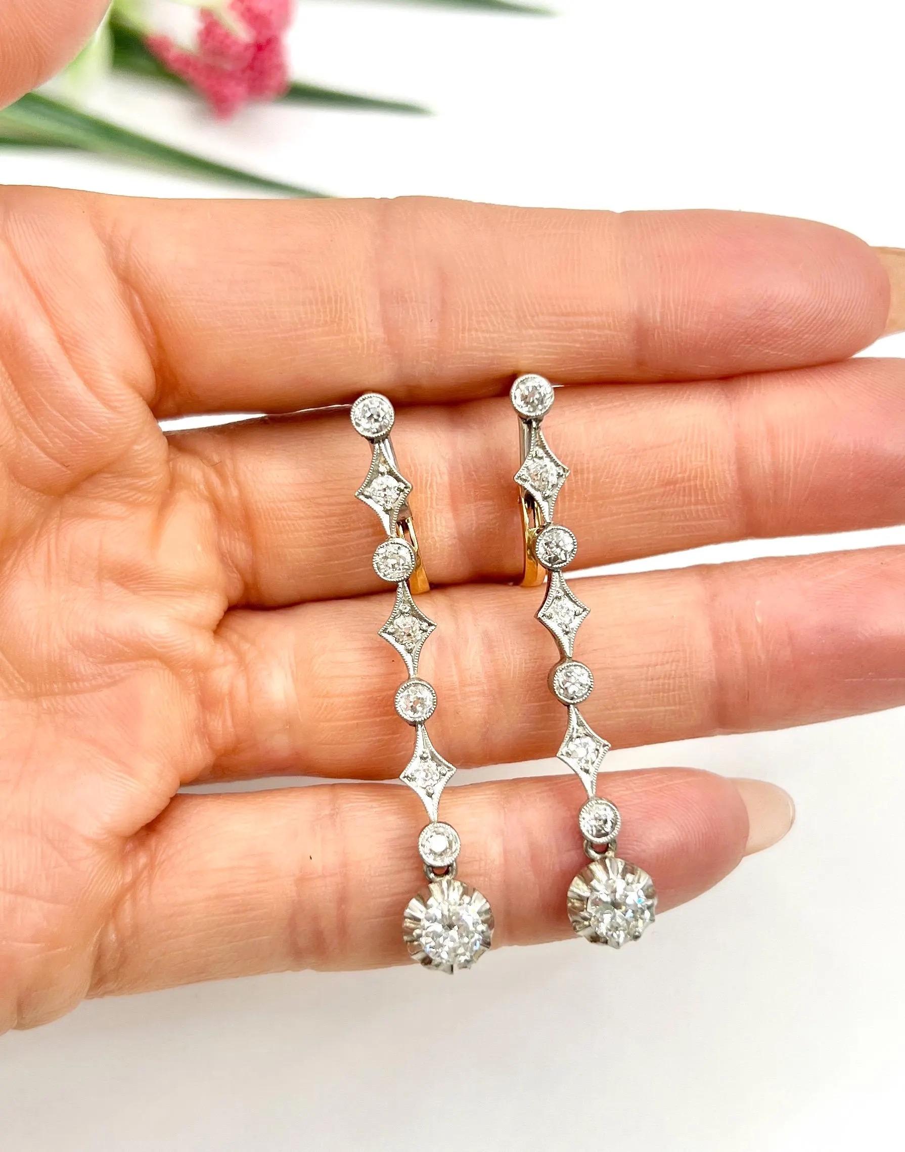 Pendientes Colgantes Antiguos de Oro 18 ct y Platino, Edwardian de 2 Quilates y Diamantes en venta 6