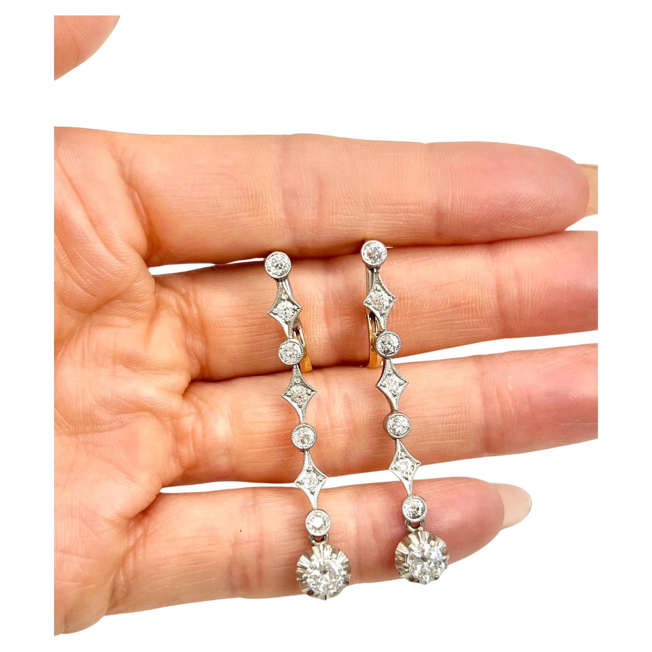 Pendientes Colgantes Antiguos de Oro 18 ct y Platino, Edwardian de 2 Quilates y Diamantes en venta