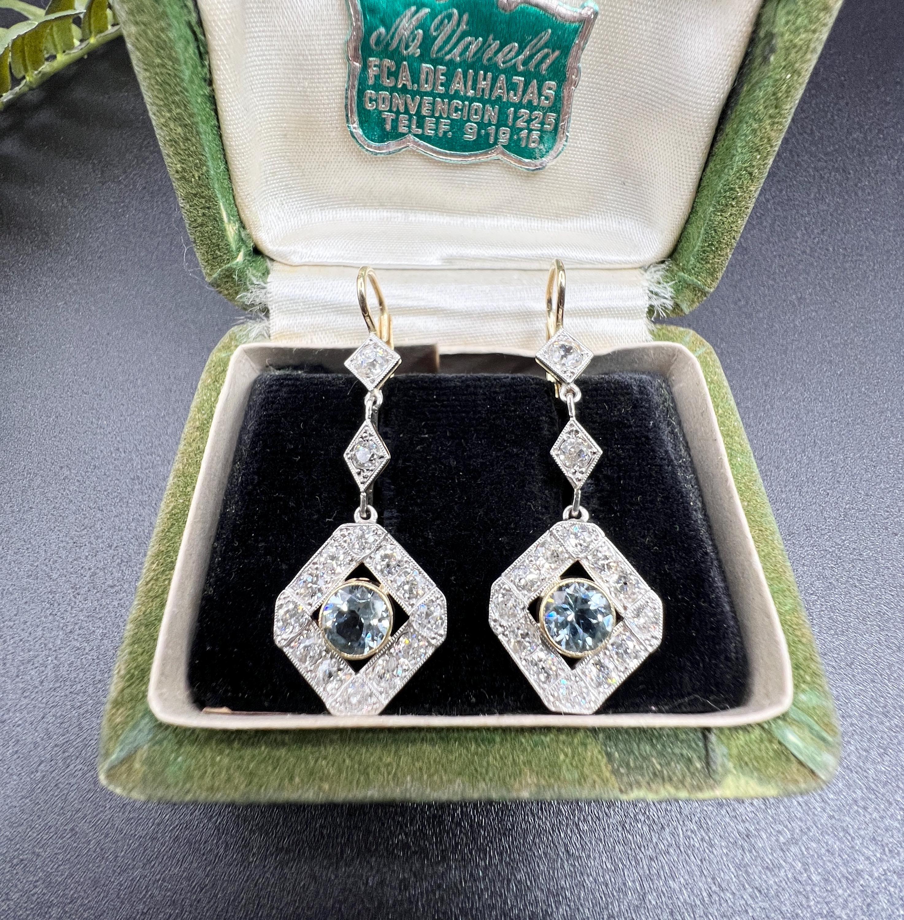 Brilliant Cut Antique 18ct Gold & Platinum, Edwardian Aquamarine and Diamond lDrop Earings
