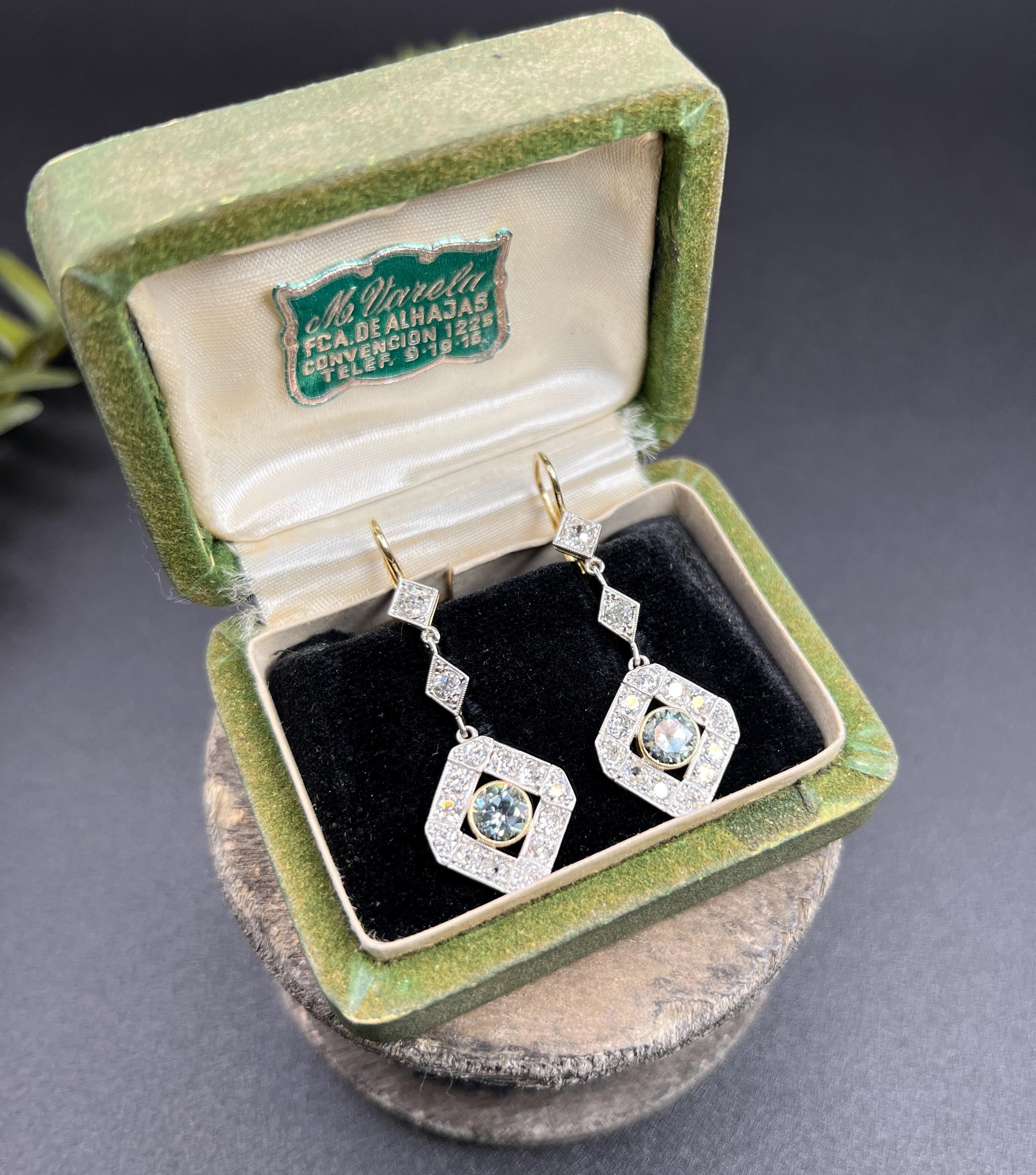 Antique 18ct Gold & Platinum, Edwardian Aquamarine and Diamond lDrop Earings 1