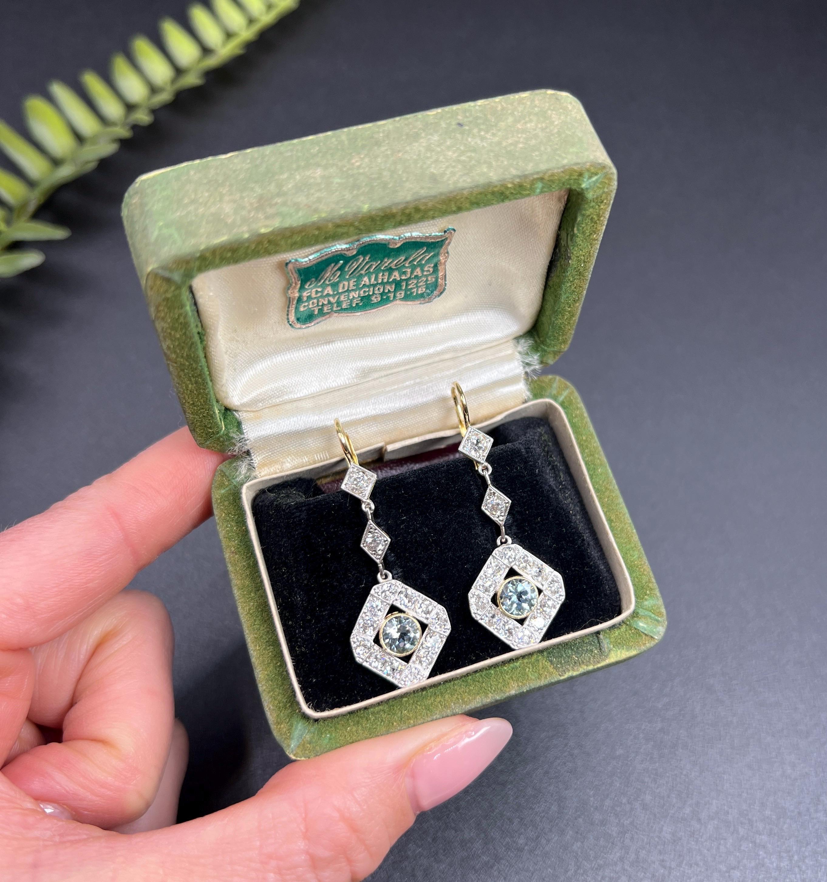 Antique 18ct Gold & Platinum, Edwardian Aquamarine and Diamond lDrop Earings 2