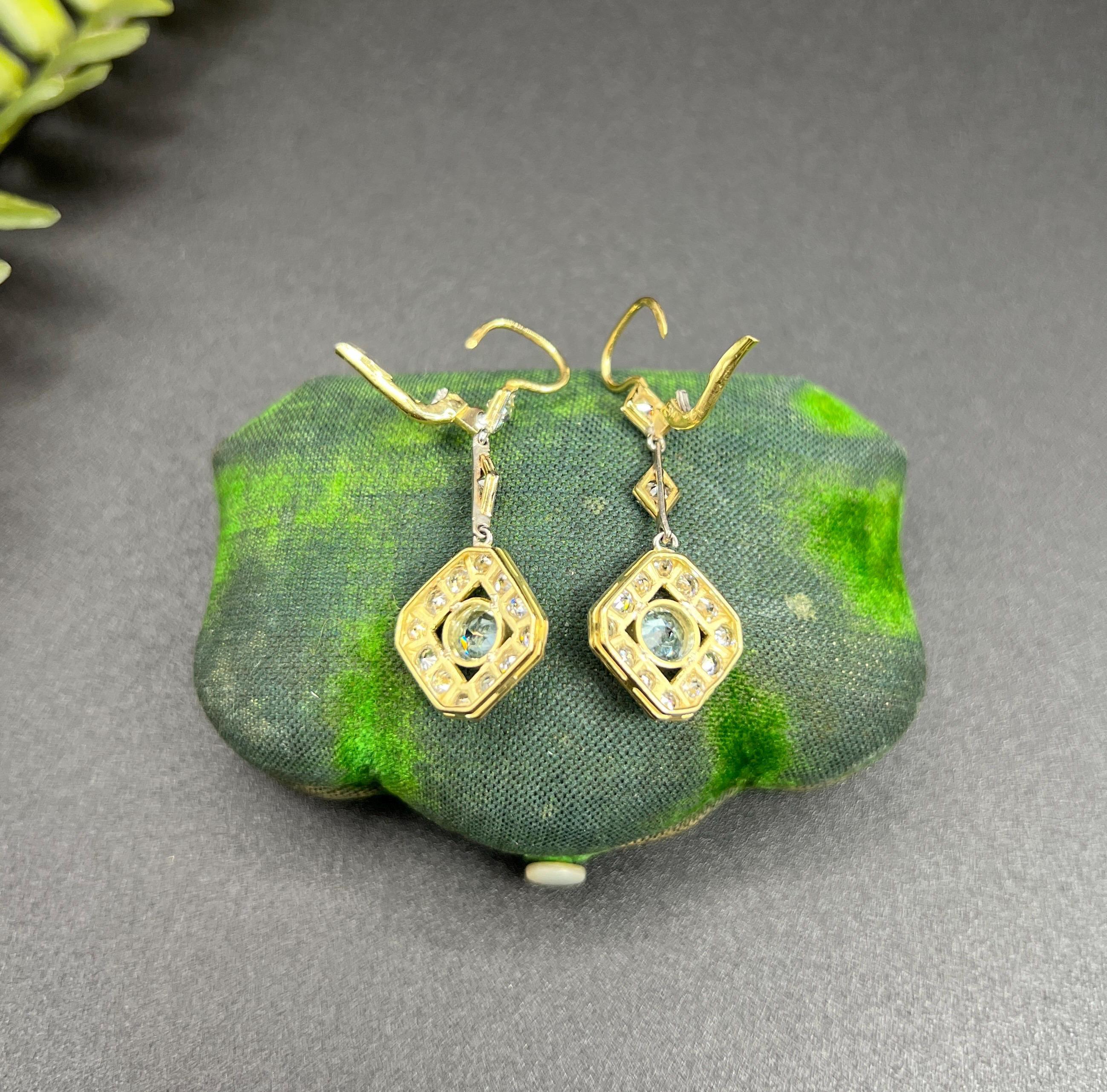 Antique 18ct Gold & Platinum, Edwardian Aquamarine and Diamond lDrop Earings 3