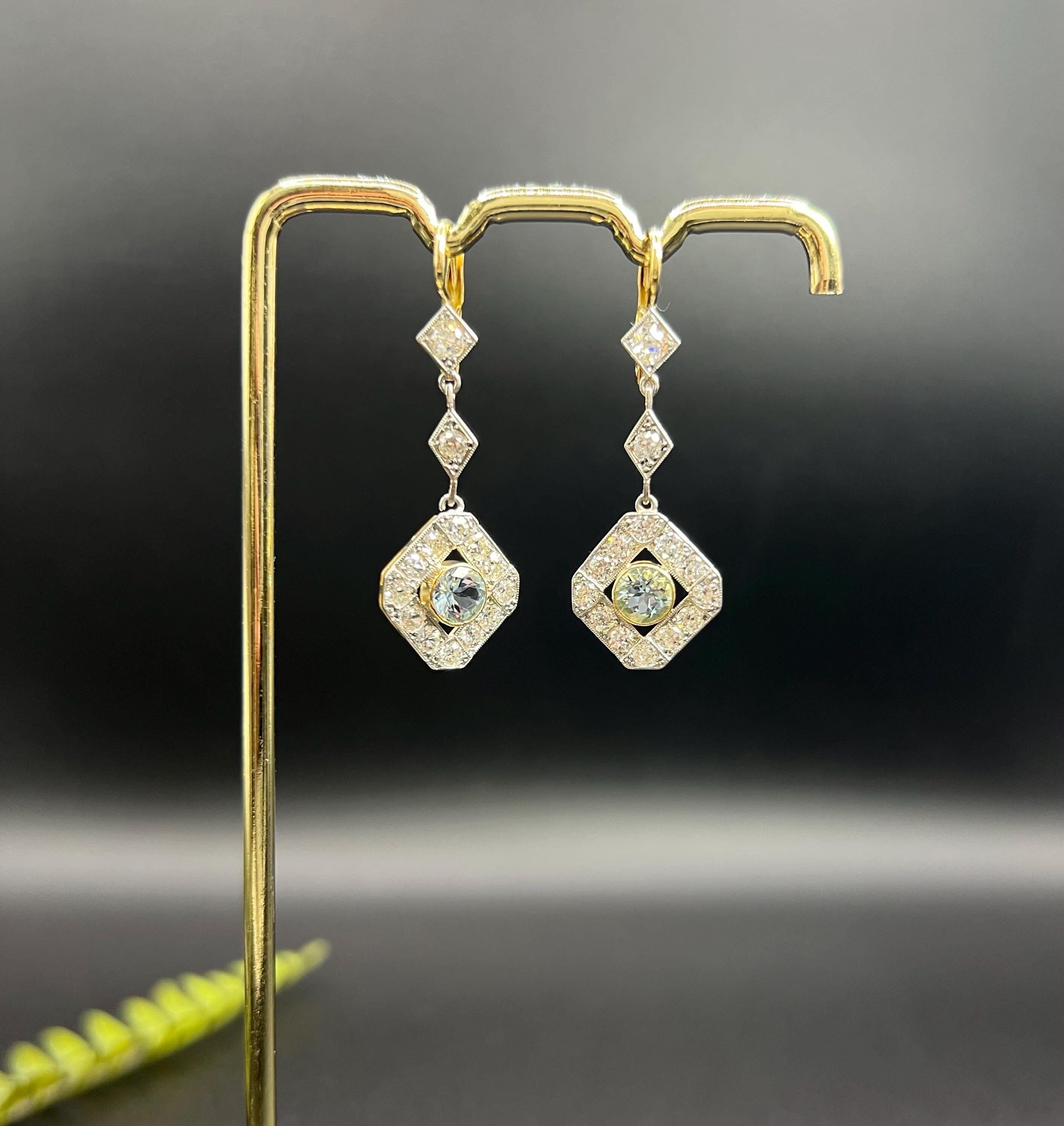Antique 18ct Gold & Platinum, Edwardian Aquamarine and Diamond lDrop Earings 4