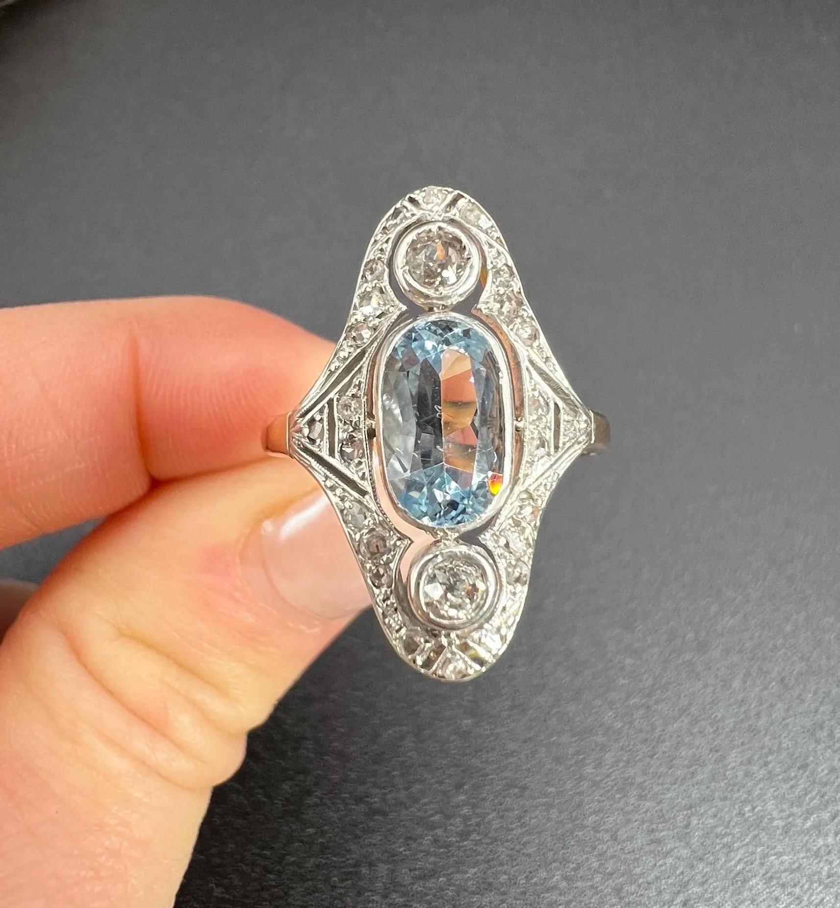 Antique 18ct Gold & Platinum, Edwardian Aquamarine and Diamond Three Stone Ring For Sale 6