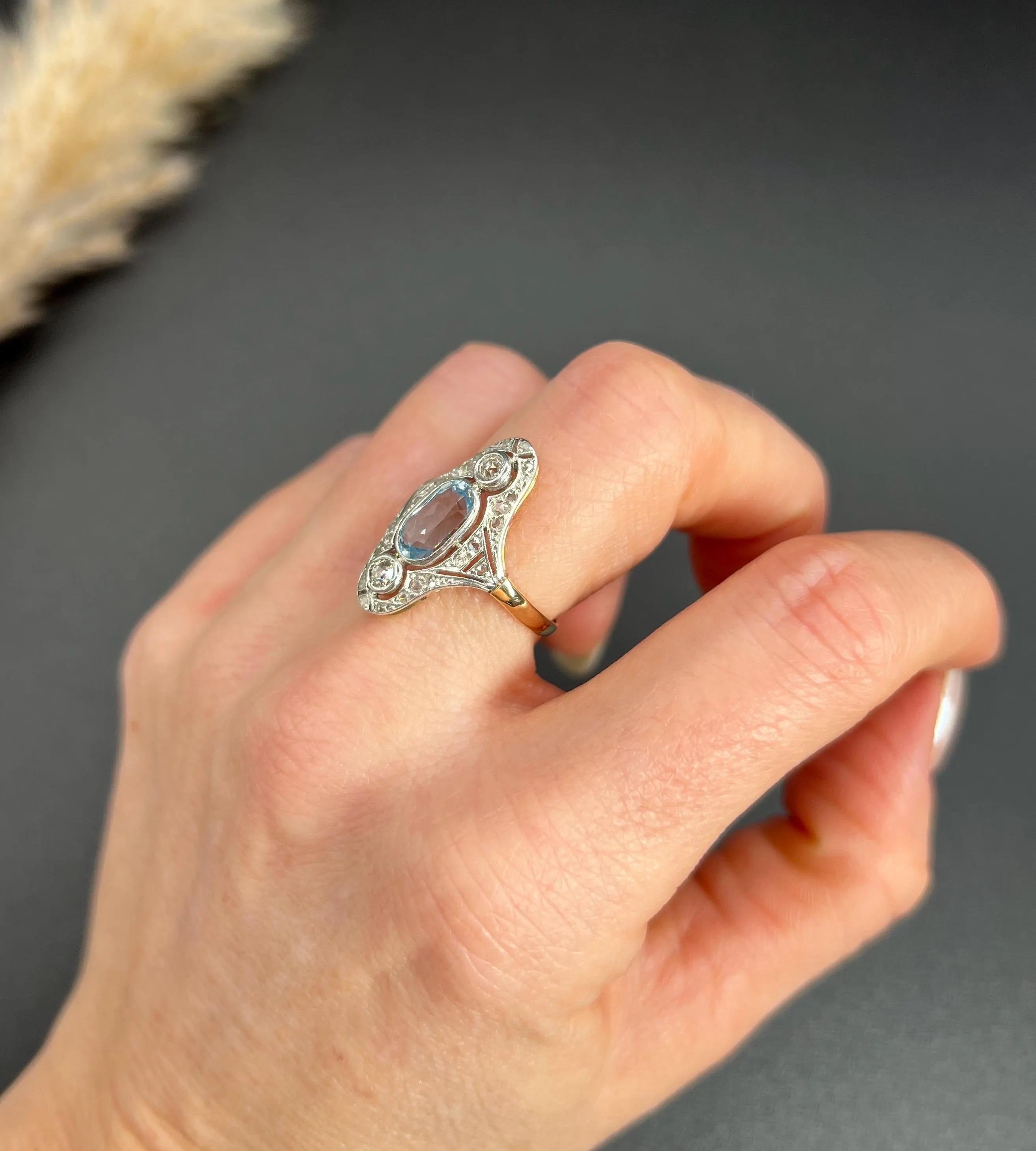 Oval Cut Antique 18ct Gold & Platinum, Edwardian Aquamarine and Diamond Three Stone Ring For Sale