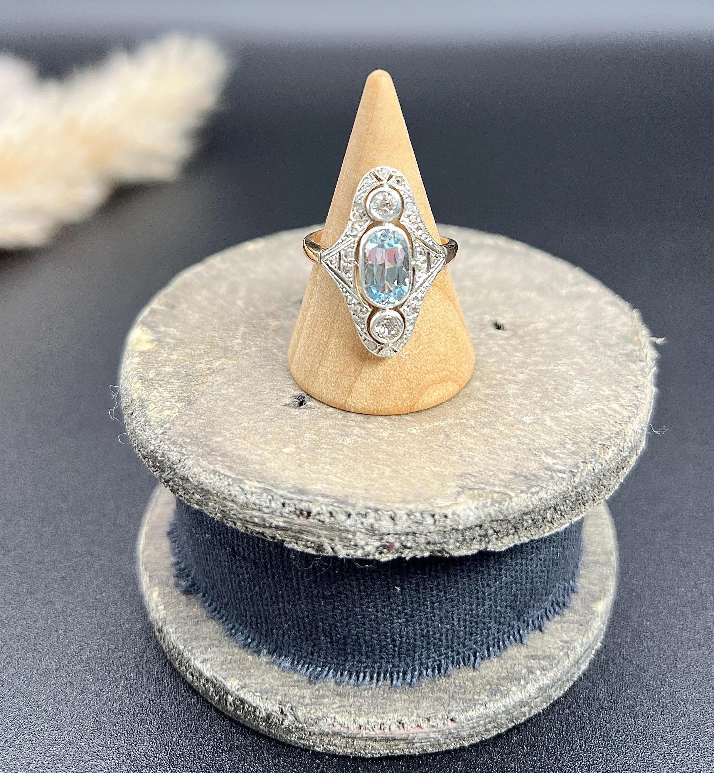 Antique 18ct Gold & Platinum, Edwardian Aquamarine and Diamond Three Stone Ring For Sale 1