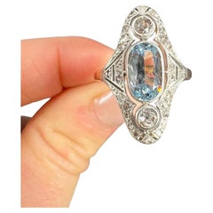 Antique 18ct Gold & Platinum, Edwardian Aquamarine and Diamond Three Stone Ring