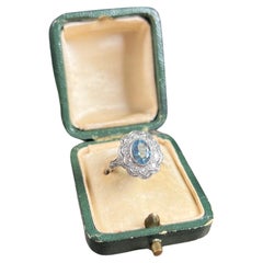 Antique 18ct Gold 
Platinum, Edwardian Aquamarine Diamond Cluster Ring