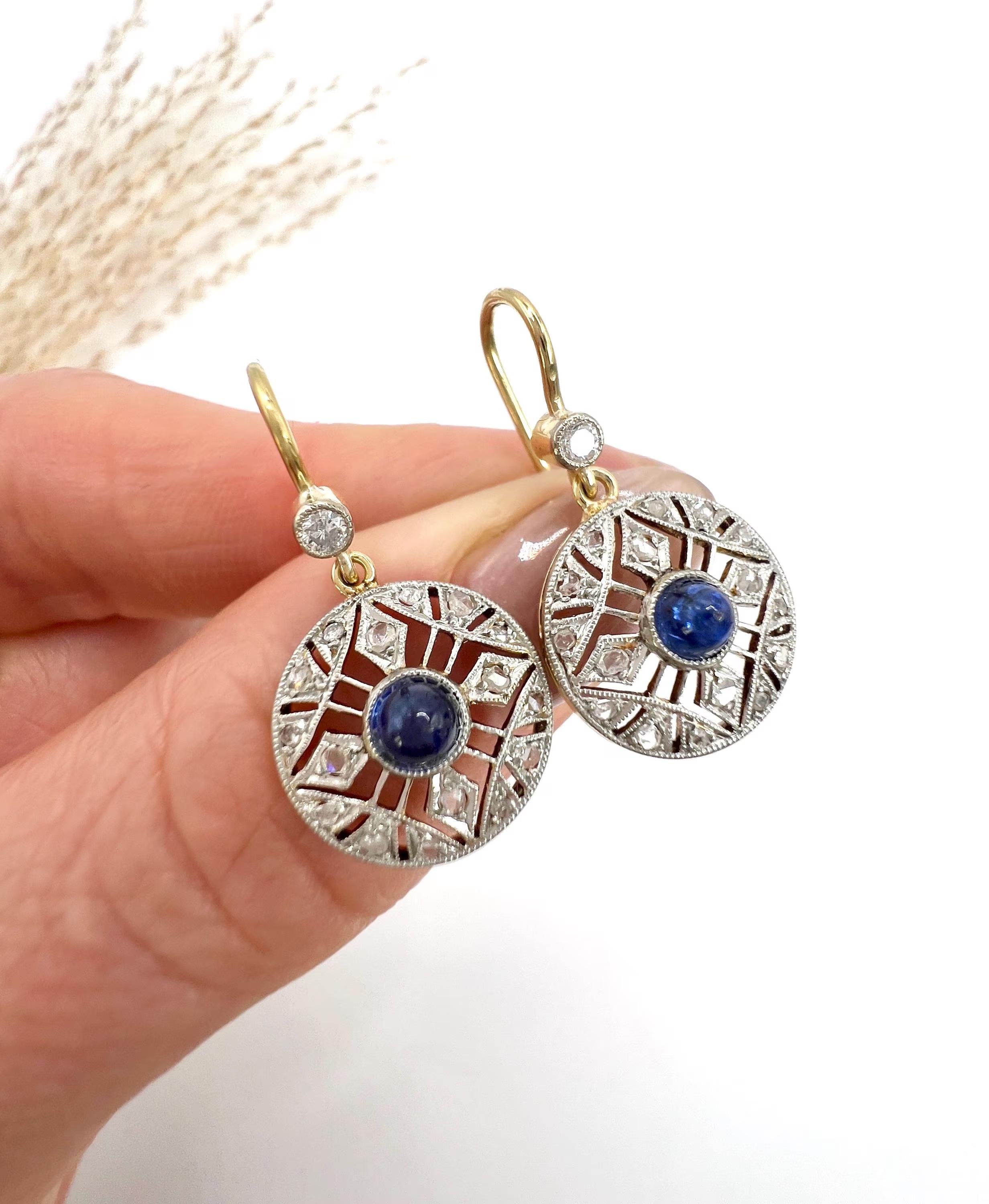 Women's or Men's Antique 18ct Gold & Platinum, Edwardian Cabochon Sapphire and Diamond Earrings For Sale