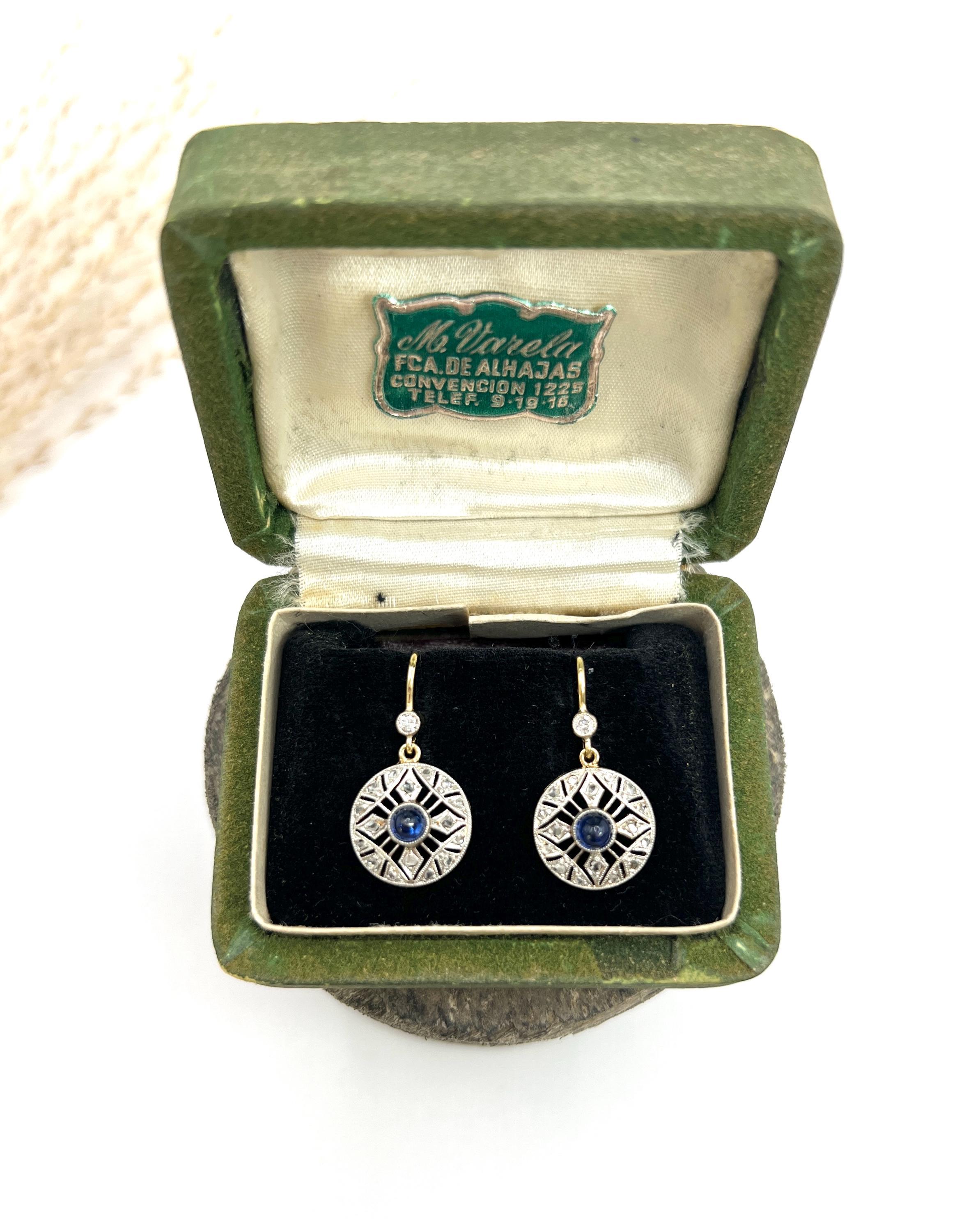 Antique 18ct Gold & Platinum, Edwardian Cabochon Sapphire and Diamond Earrings For Sale 1