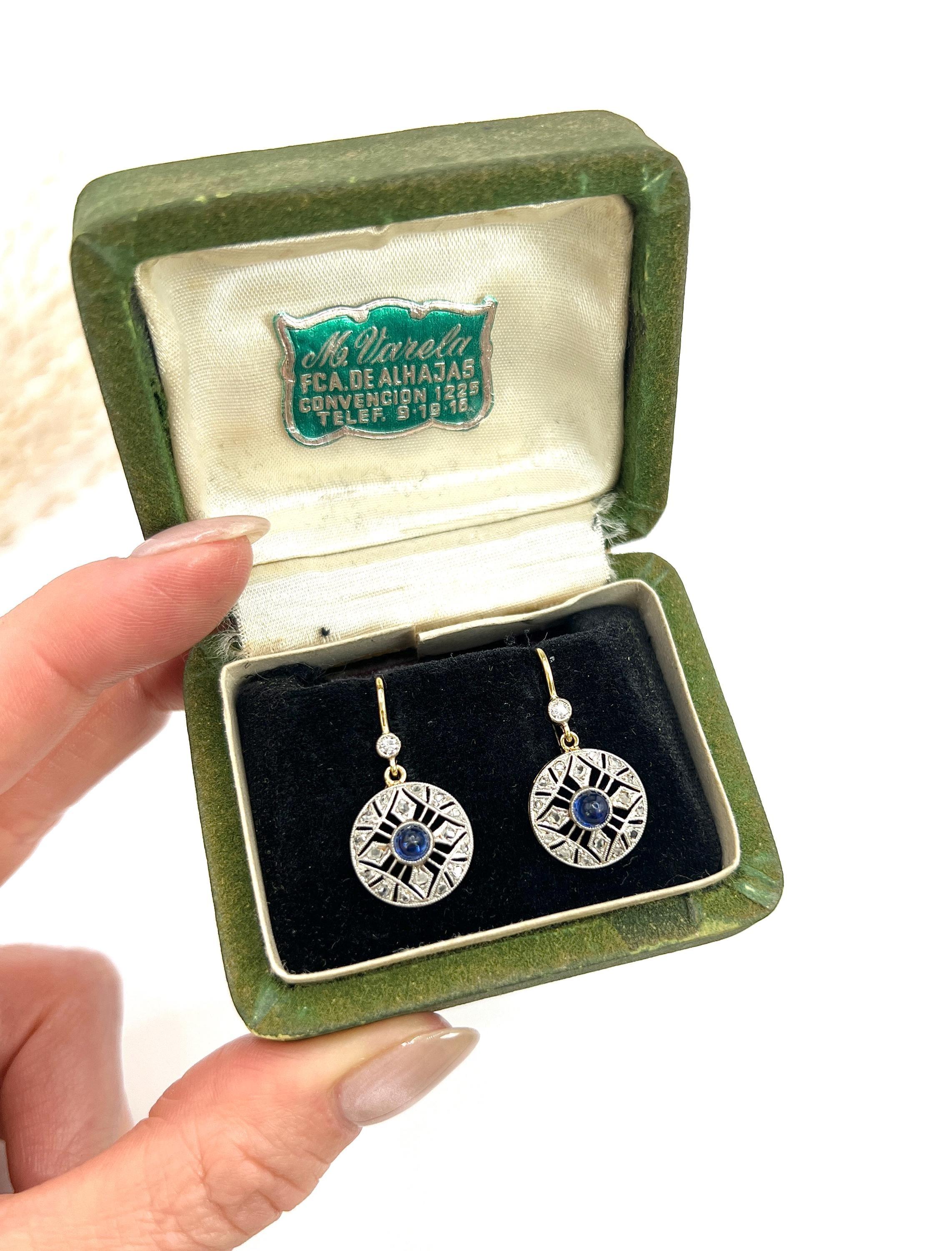 Antique 18ct Gold & Platinum, Edwardian Cabochon Sapphire and Diamond Earrings For Sale 3