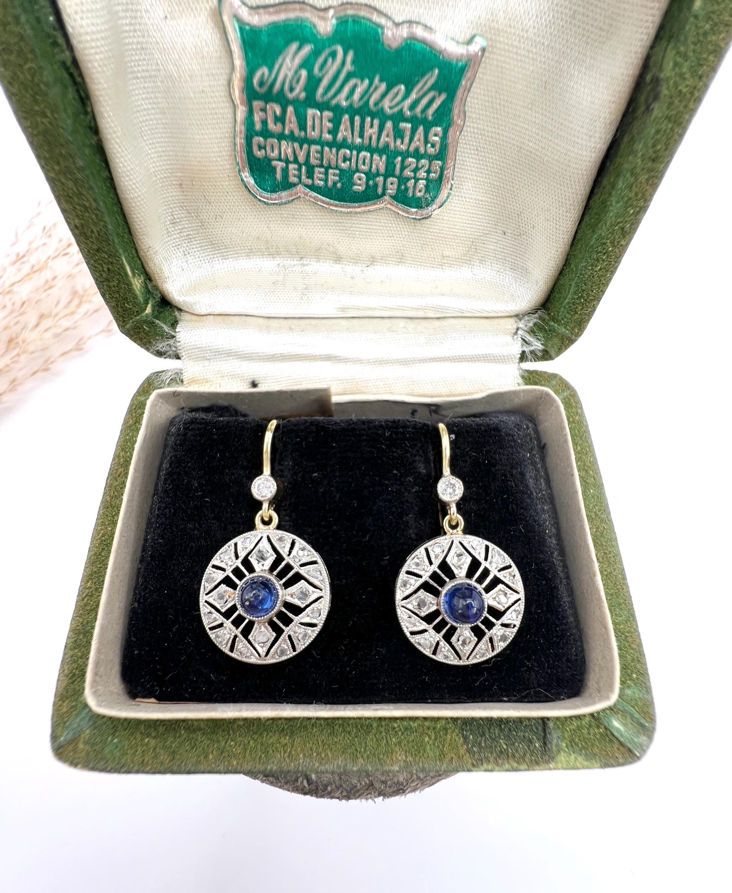 Antique 18ct Gold & Platinum, Edwardian Cabochon Sapphire and Diamond Earrings For Sale 4