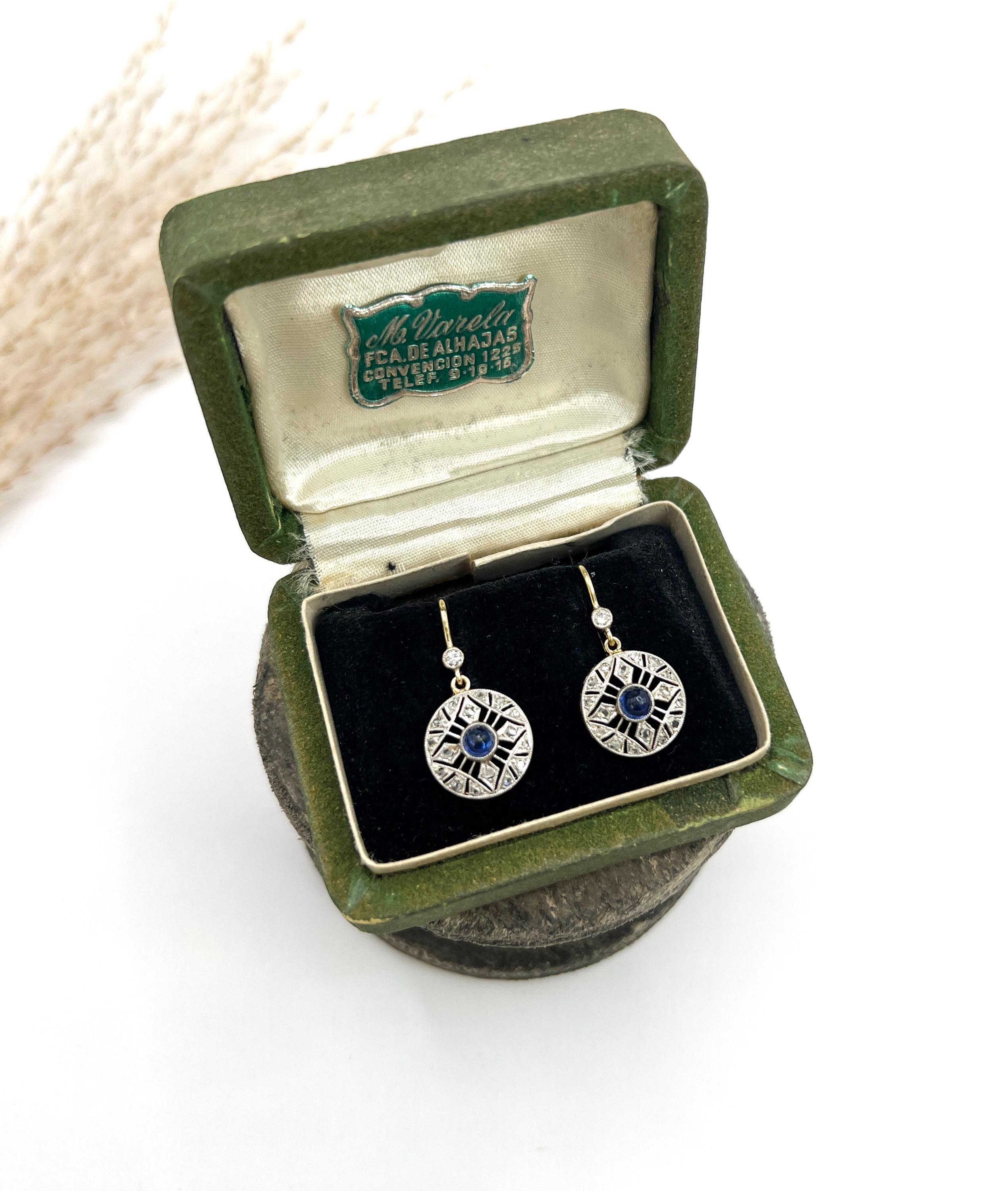 Antique 18ct Gold & Platinum, Edwardian Cabochon Sapphire and Diamond Earrings For Sale 5
