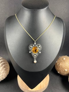 Antique 18ct Gold & Platinum, Edwardian Citrine, Pearl, Diamond Pendant Necklace