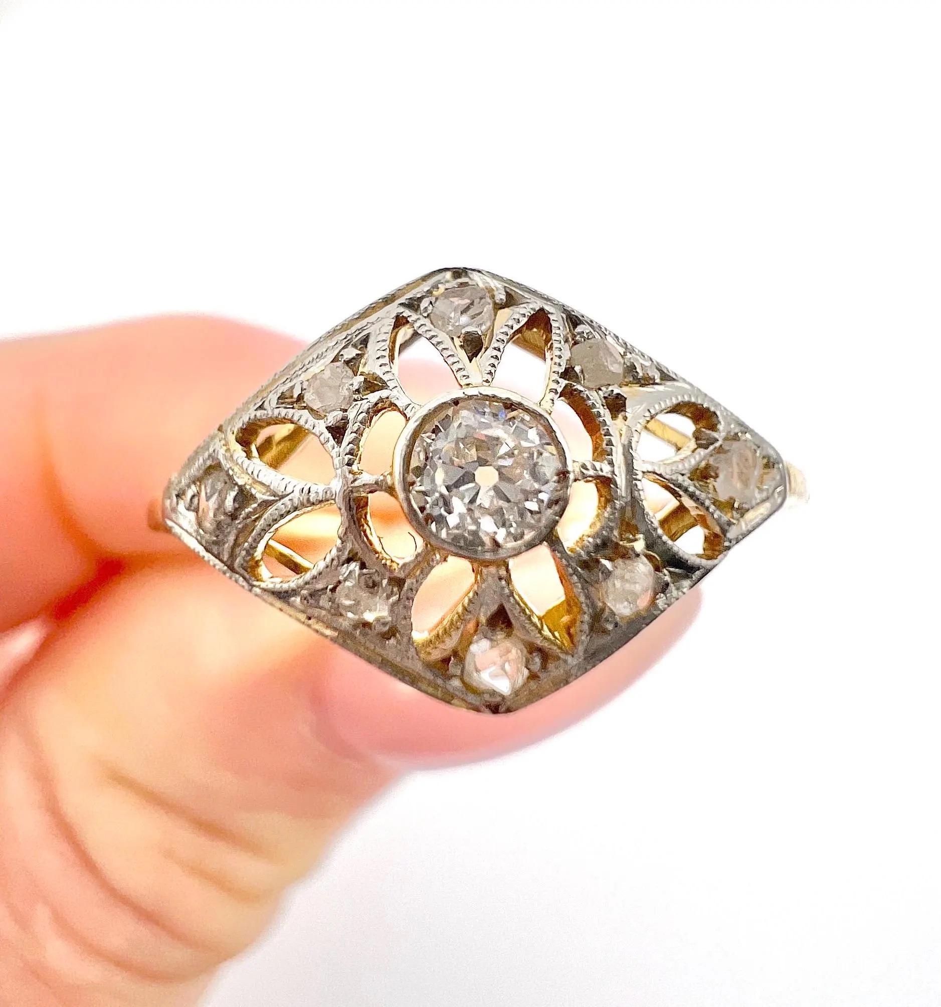 Antique 18ct Gold & Platinum, Edwardian Diamond Bombe Shaped Ring 1